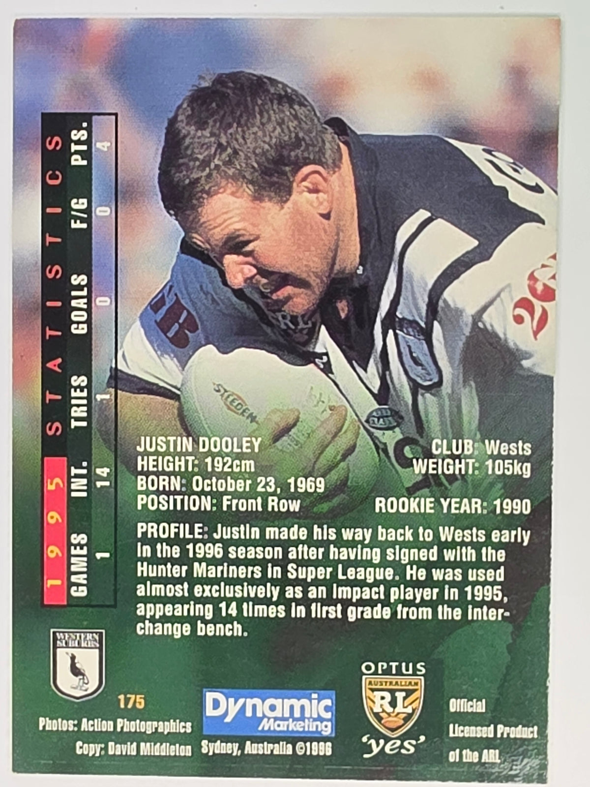 NRL 1996 Dynamic Series 2 Base Card #175 Justin Dooley Western Suburbs Magpies