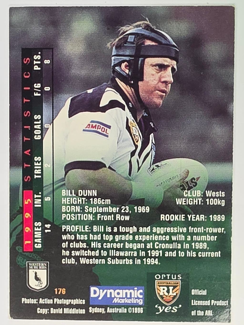 NRL 1996 Dynamic Series 2 Base Card #176 Bill Dunn Western Suburbs Magpies