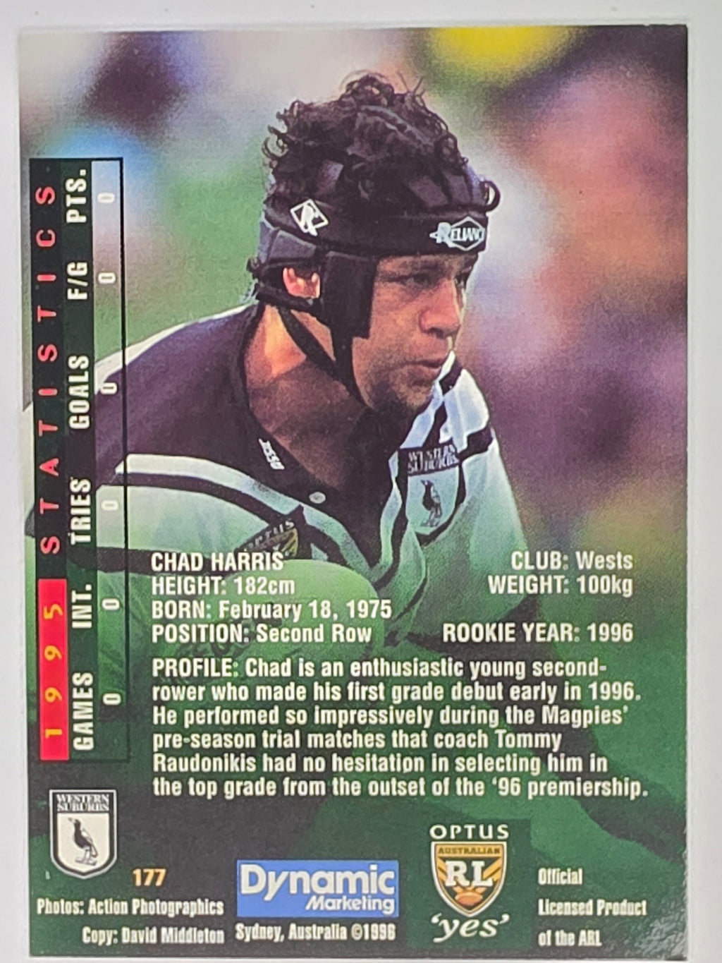 NRL 1996 Dynamic Series 2 Base Card #177 Chad Harris Western Suburbs Magpies