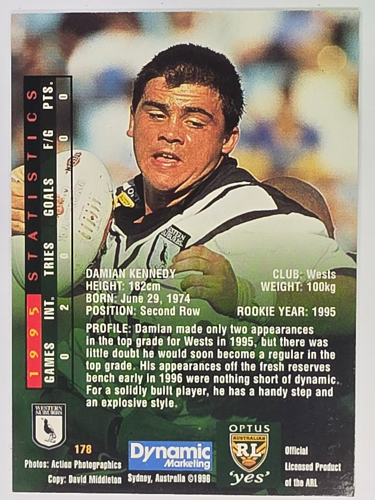 NRL 1996 Dynamic Series 2 Base Card #178 Damian Kennedy Western Suburbs Magpies