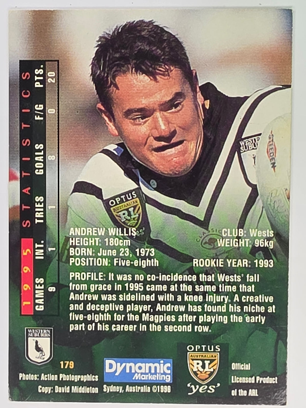 NRL 1996 Dynamic Series 2 Base Card #179 Andrew Willis Western Suburbs Magpies