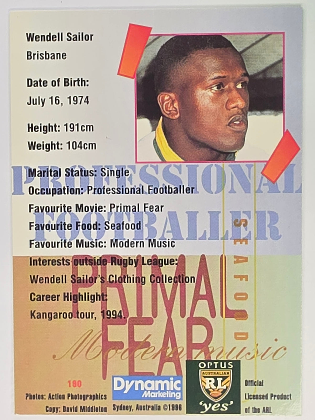 NRL 1996 Dynamic Series 2 Base Card #190 Wendell Sailor Brisbane Broncos