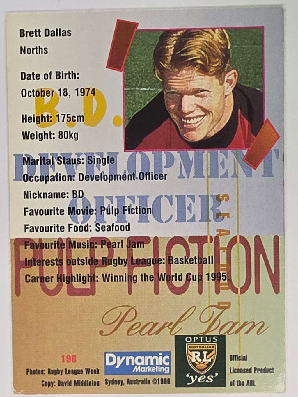 NRL 1996 Dynamic Series 2 Base Card #198 Brett Dallas North Sydney Bears