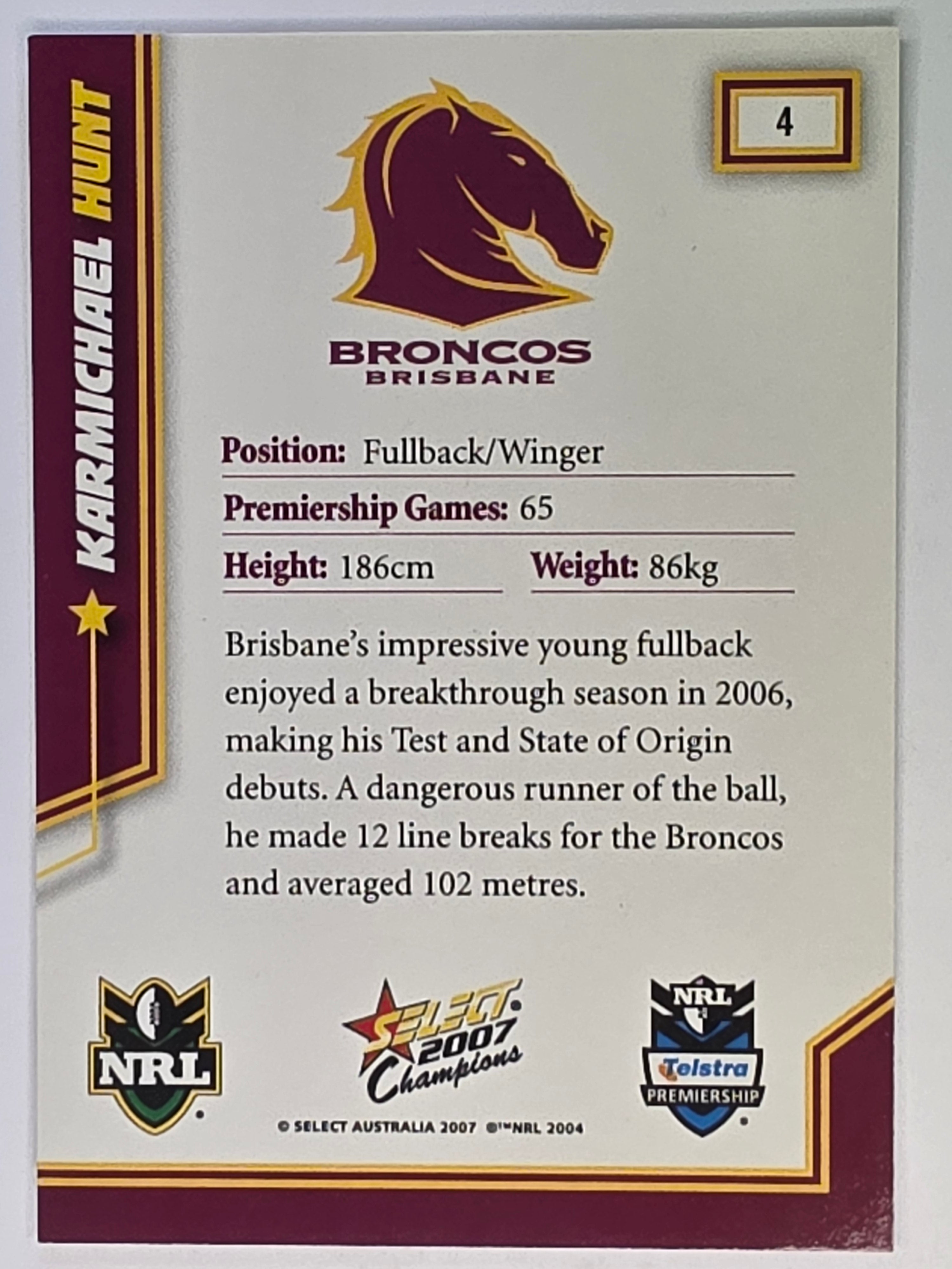 NRL 2007 Champions Base Card #4 Karmichael Hunt Brisbane Broncos