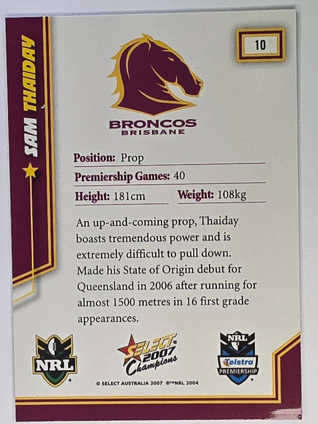 NRL 2007 Champions Base Card #10 Sam Thaiday Brisbane Broncos