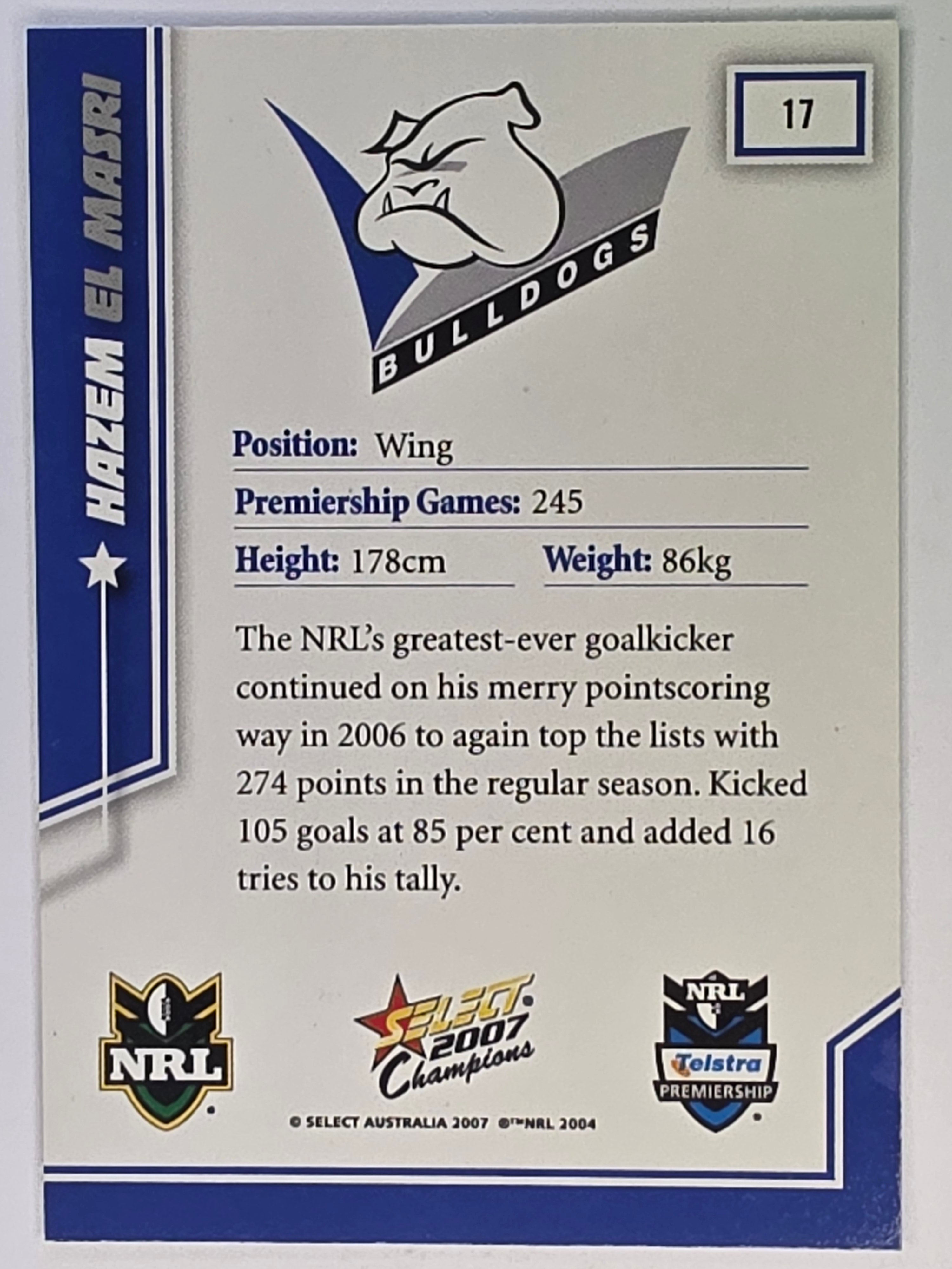 NRL 2007 Champions Base Card #17 Hazem El Masri Canterbury Bankstown Bulldogs