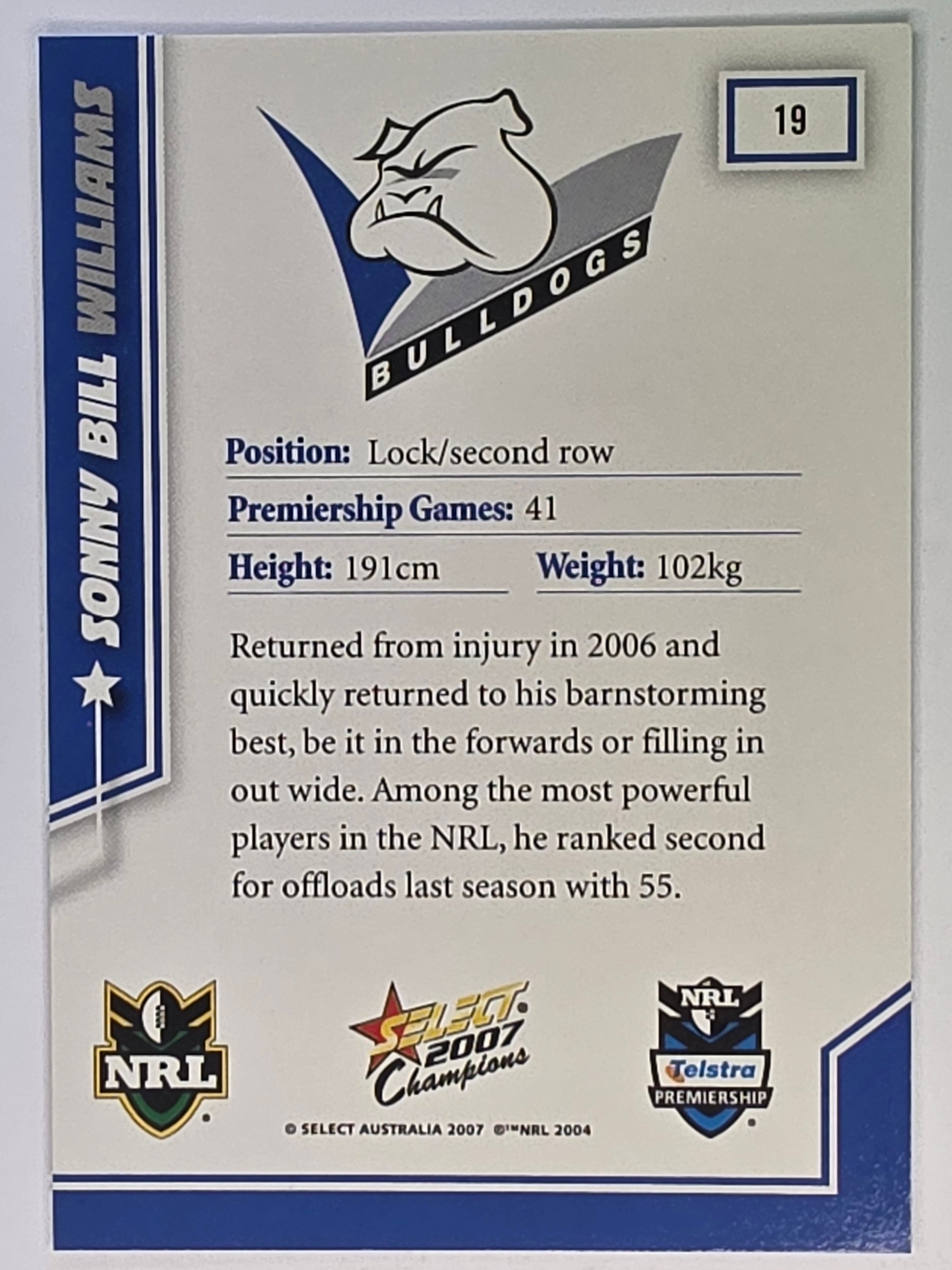 NRL 2007 Champions Base Card #19 Sonny Bill Williams Canterbury Bankstown Bulldogs