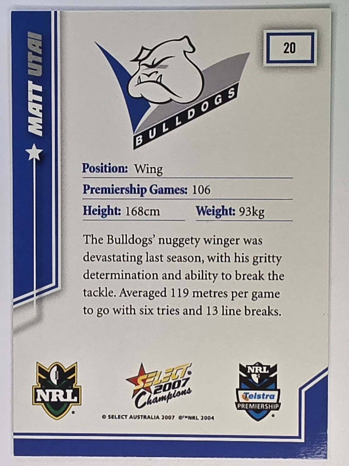 NRL 2007 Champions Base Card #20 Matt Utai Canterbury Bankstown Bulldogs
