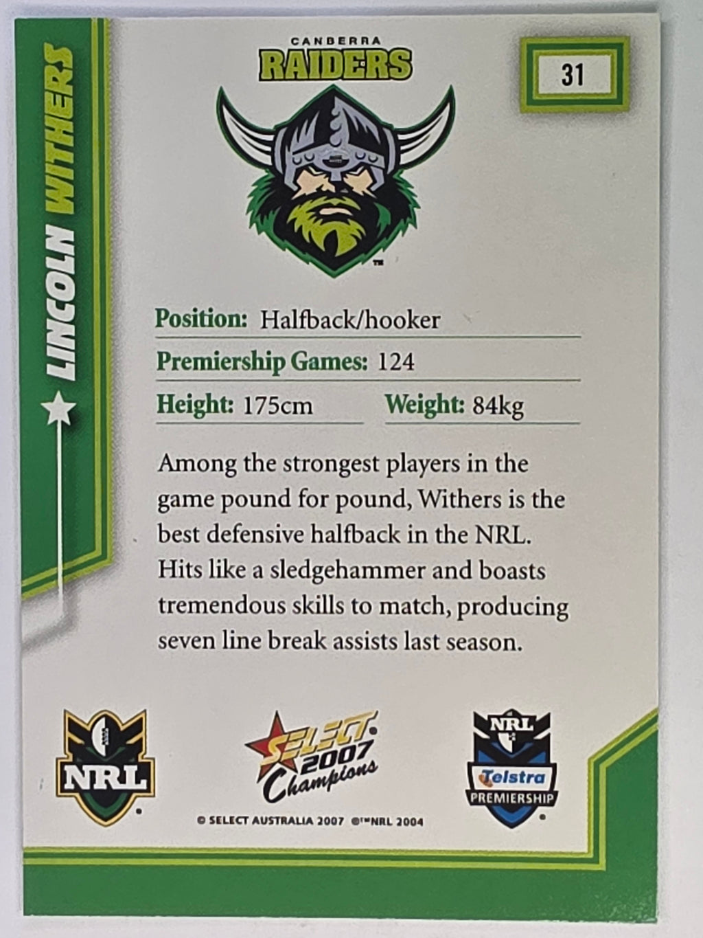 NRL 2007 Champions Base Card #31 Lincoln Withers Canberra Raiders