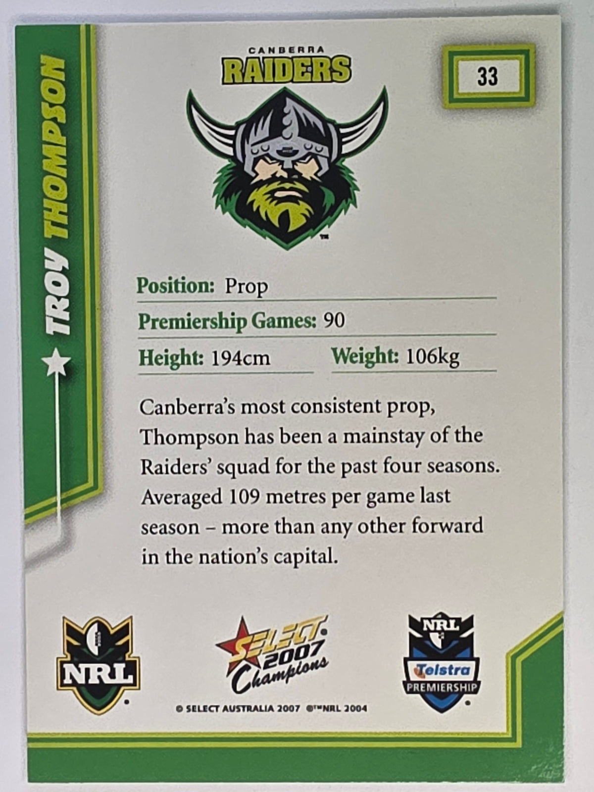 NRL 2007 Champions Base Card #33 Troy Thompson Canberra Raiders