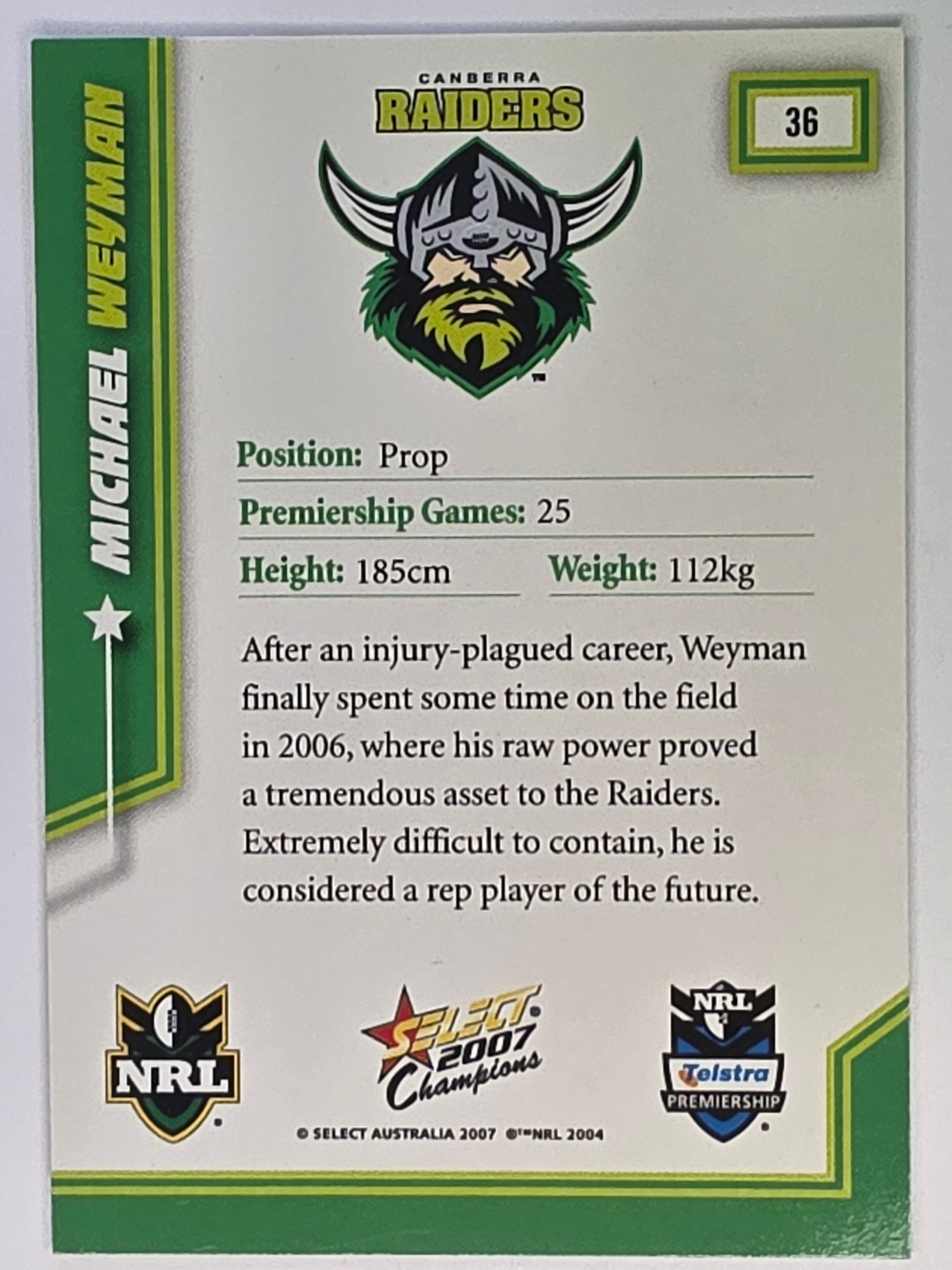 NRL 2007 Champions Base Card #36 Michael Weyman Canberra Raiders