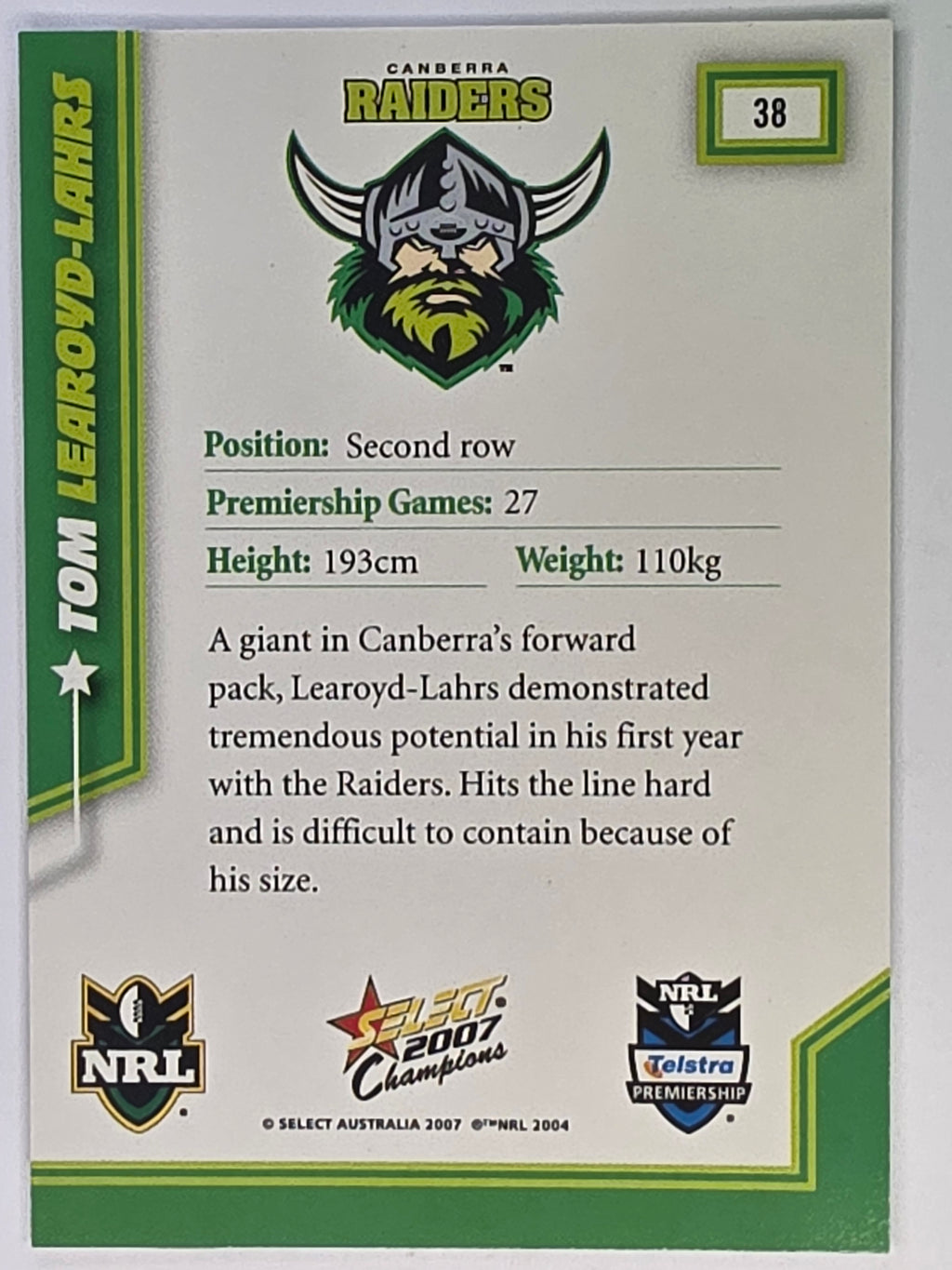 NRL 2007 Champions Base Card #38 Tom Learoyd-Lahrs Canberra Raiders