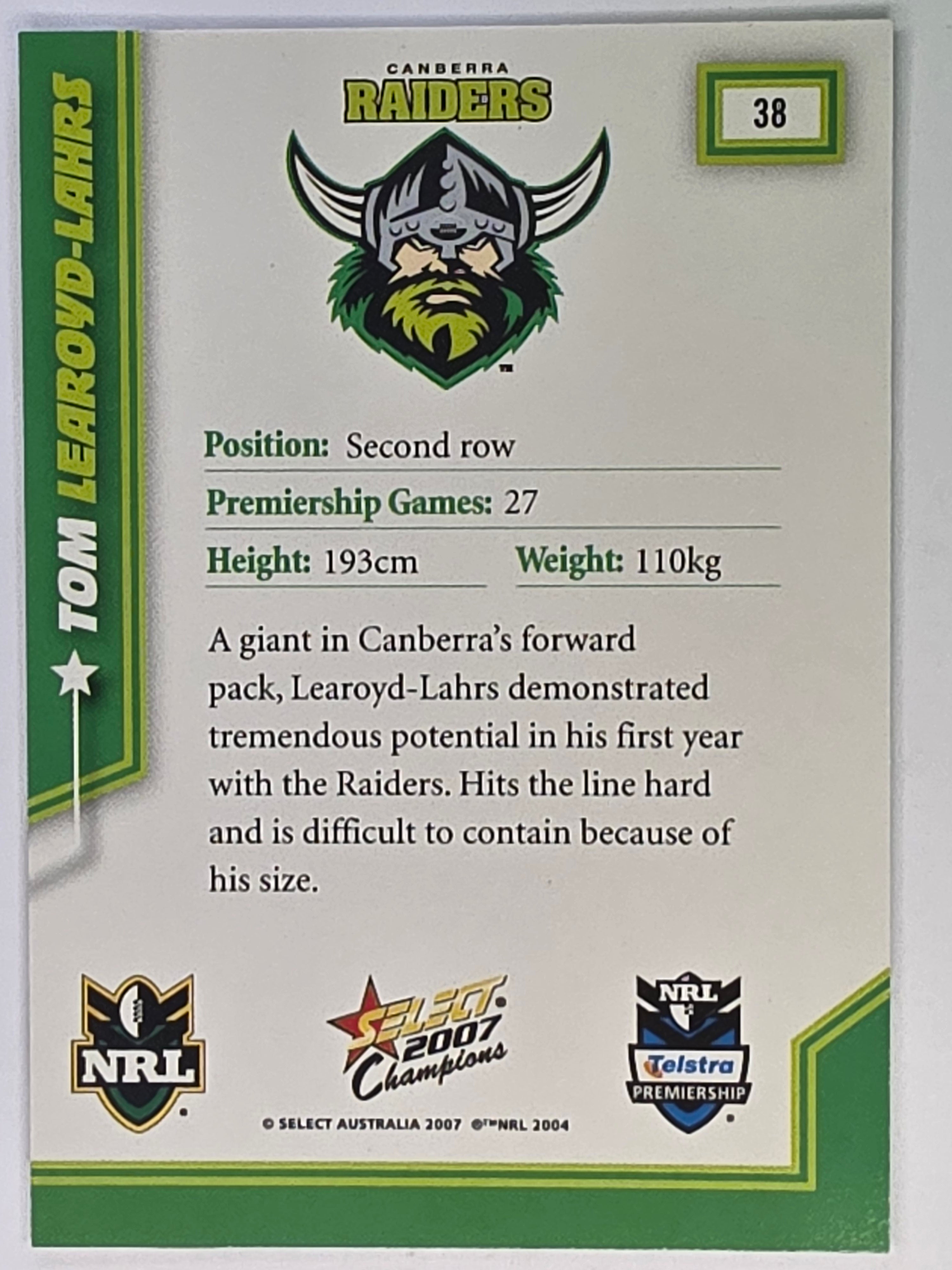 NRL 2007 Champions Base Card #38 Tom Learoyd-Lahrs Canberra Raiders