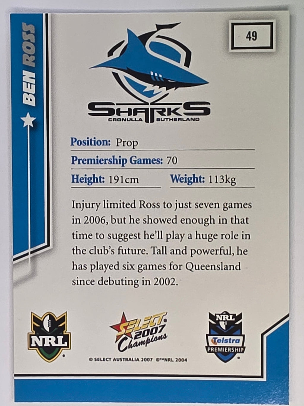 NRL 2007 Champions Base Card #49 Ben Ross Cronulla Sutherland Sharks