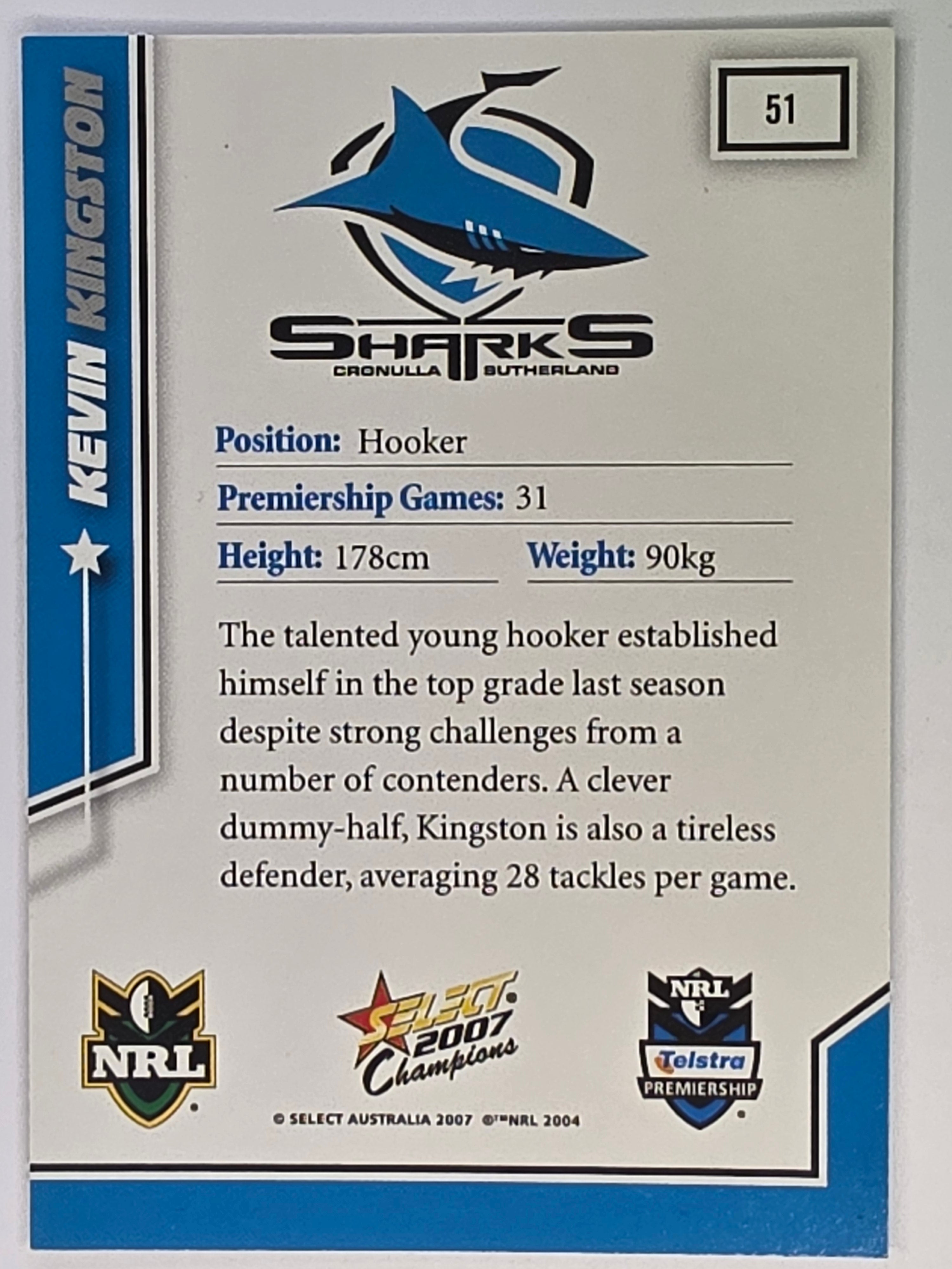 NRL 2007 Champions Base Card #51 Kevin Kingston Cronulla Sutherland Sharks