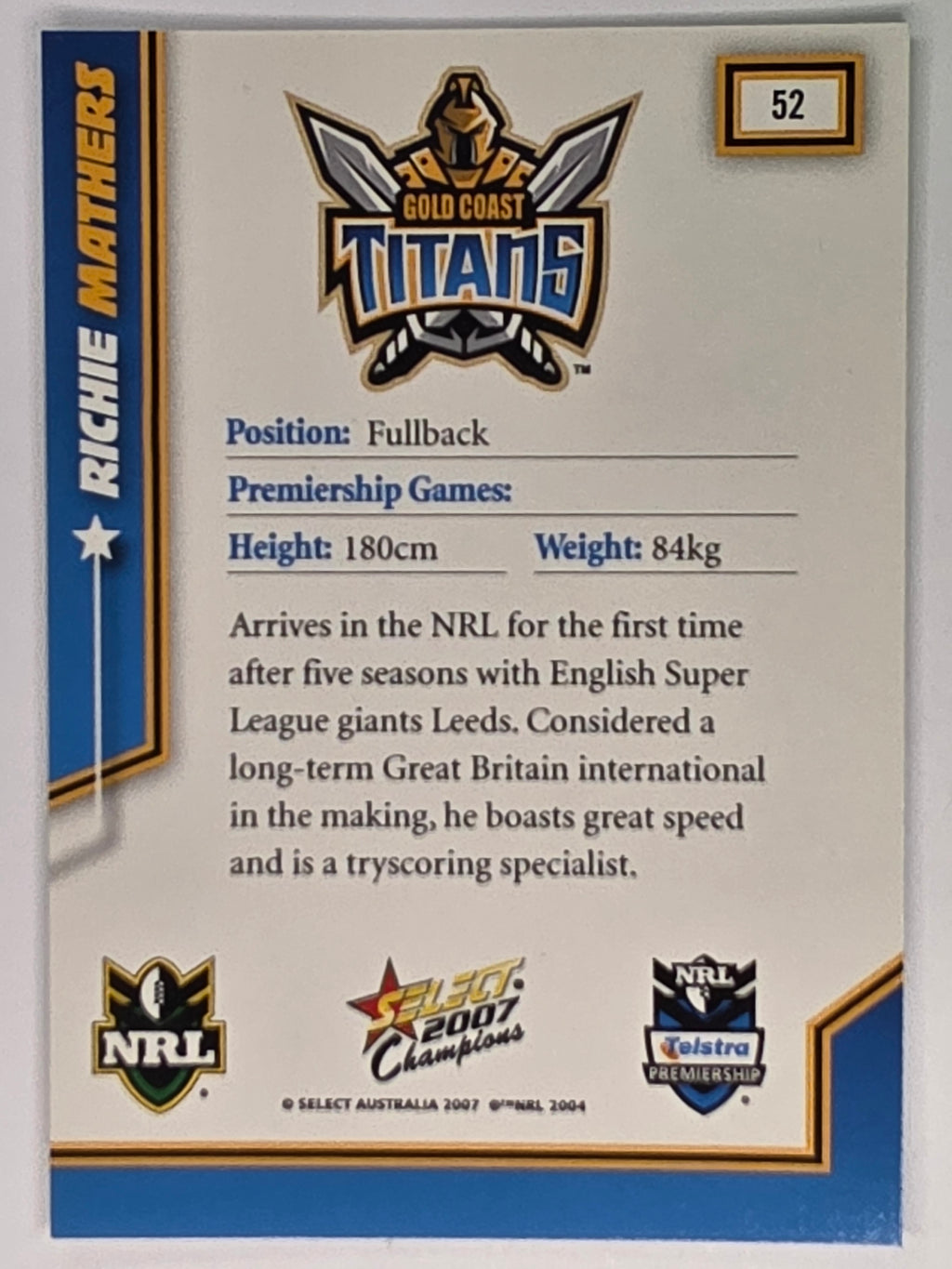 NRL 2007 Champions Base Card #52 Richie Mathers Gold Coast Titans