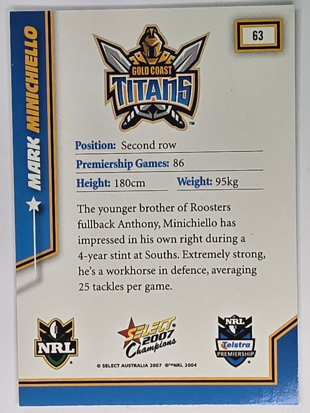 NRL 2007 Champions Base Card #63 Mark Minichiello Gold Coast Titans