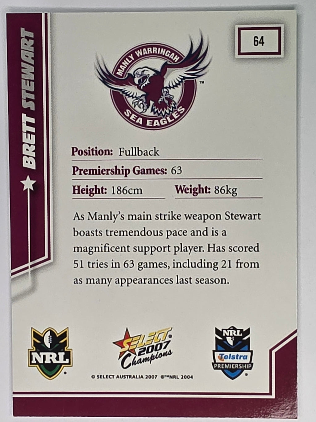 NRL 2007 Champions Base Card #64 Brett Stewart Manly Warringah Sea Eagles