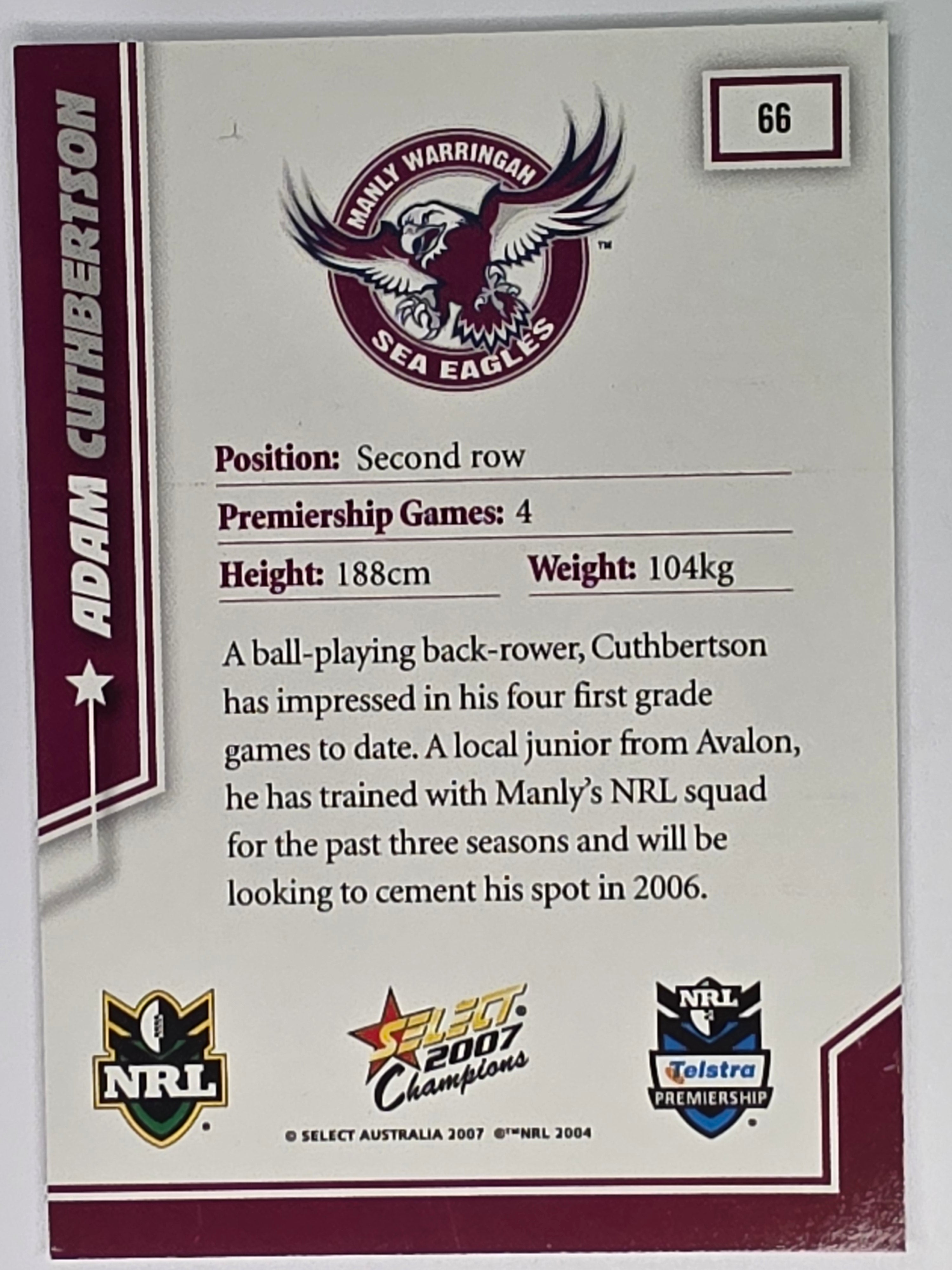 NRL 2007 Champions Base Card #66 Adam Cuthbertson Manly Warringah Sea Eagles