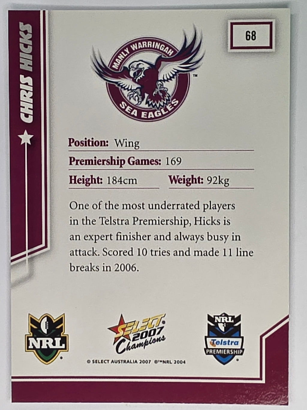 NRL 2007 Champions Base Card #68 Chris Hicks Manly Warringah Sea Eagles
