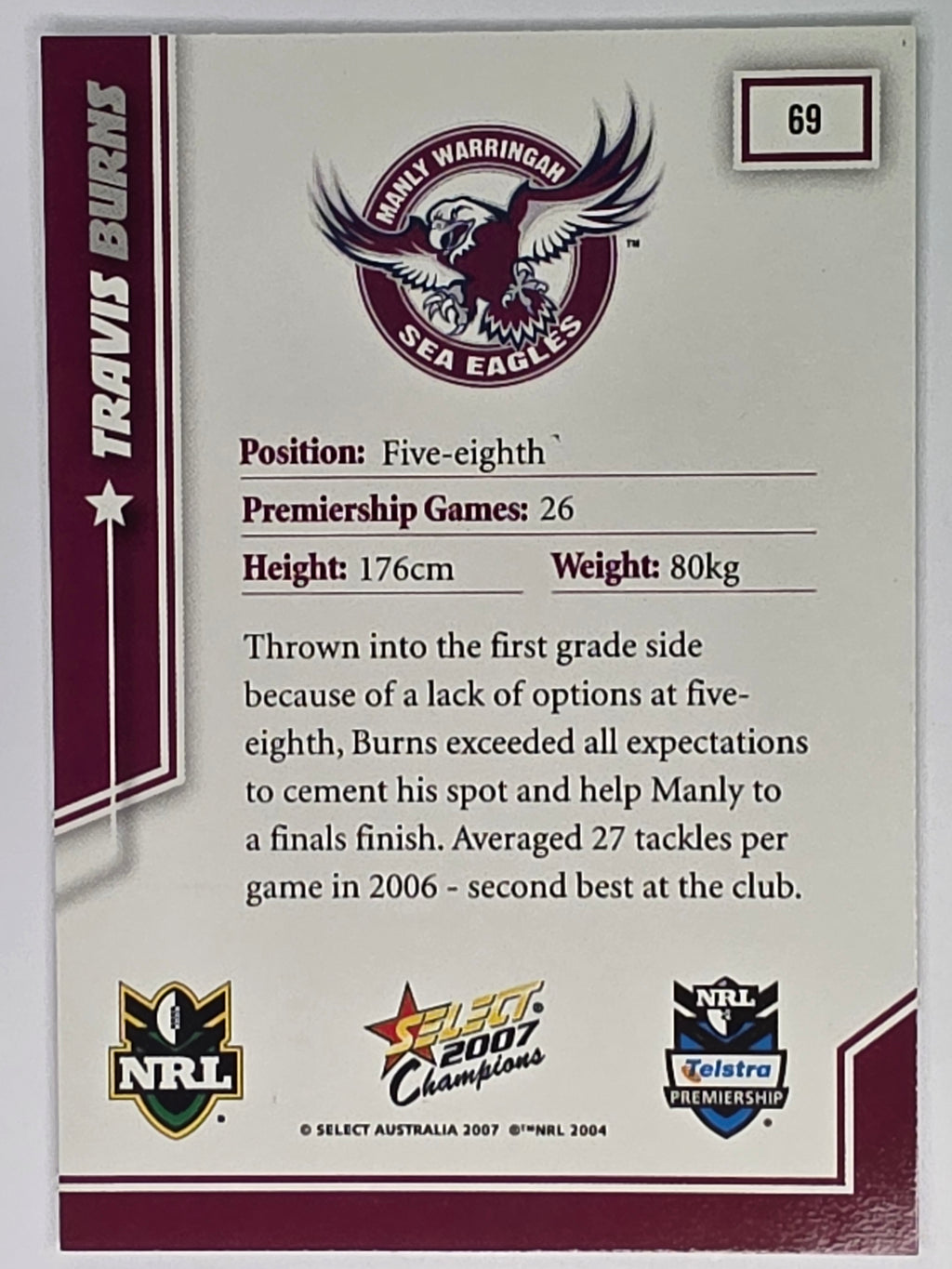 NRL 2007 Champions Base Card #69 Travis Burns Manly Warringah Sea Eagles