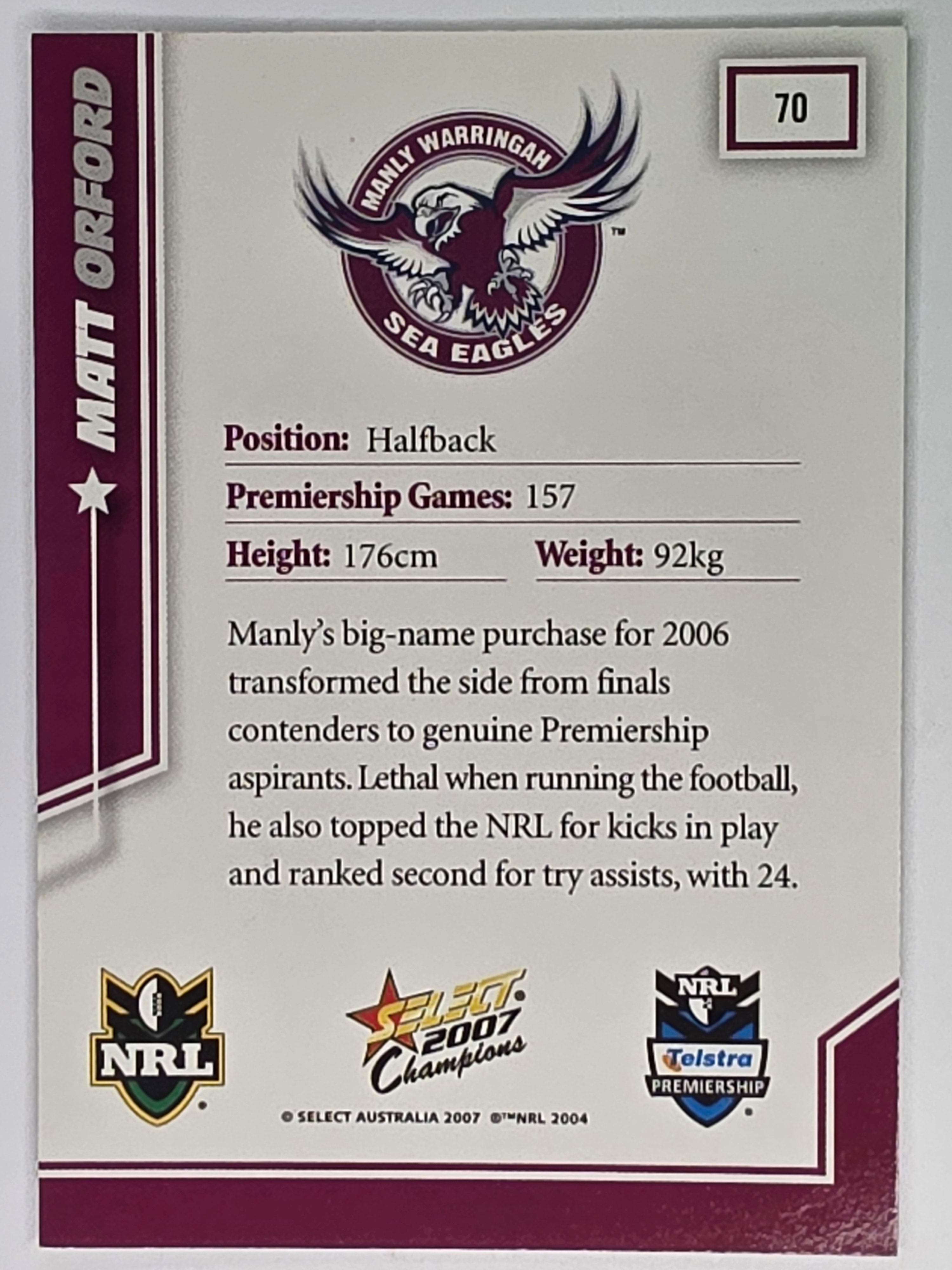 NRL 2007 Champions Base Card #70 Matt Orford Manly Warringah Sea Eagles
