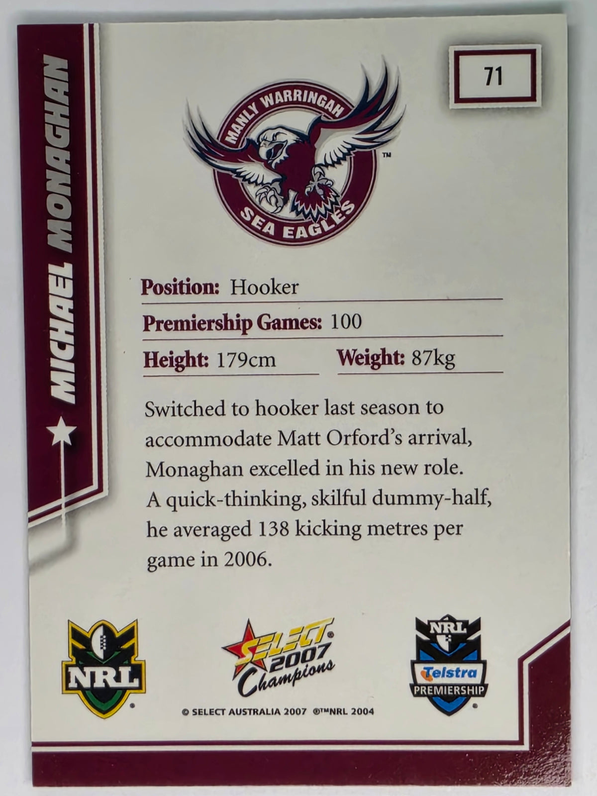 NRL 2007 Champions Base Card #71 Michael Monaghan Manly Warringah Sea Eagles