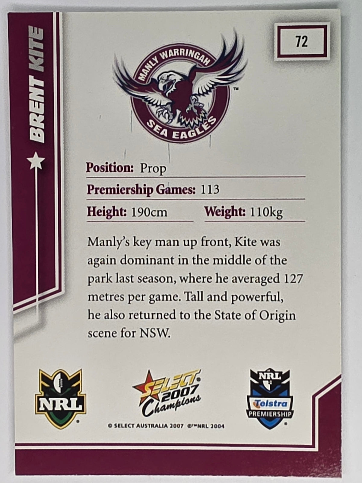 NRL 2007 Champions Base Card #72 Brent Kite Manly Warringah Sea Eagles