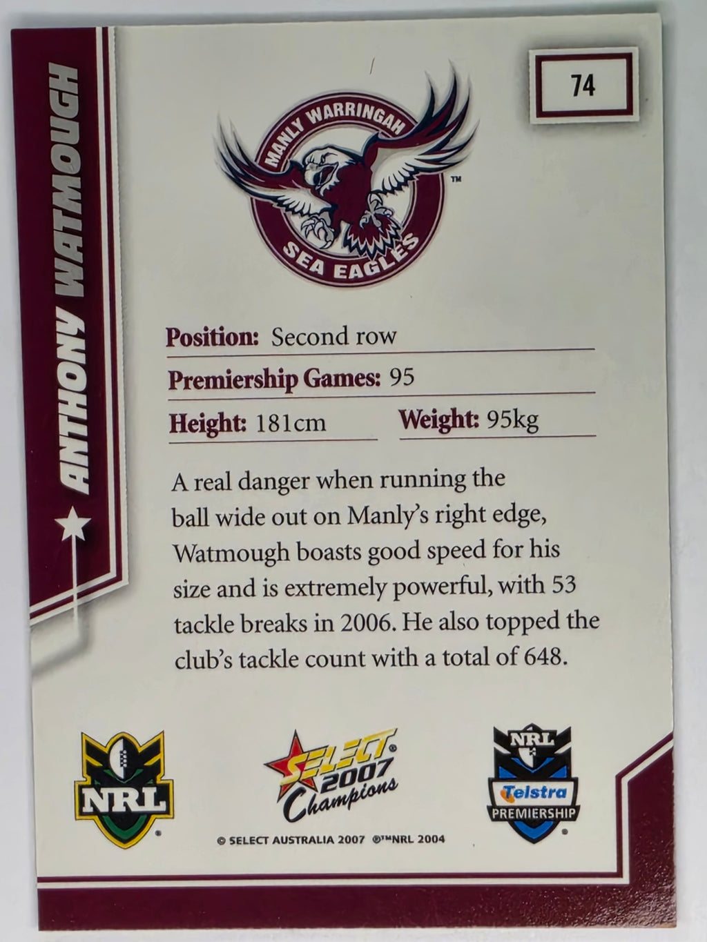 NRL 2007 Champions Base Card #74 Anthony Watmough Manly Warringah Sea Eagles
