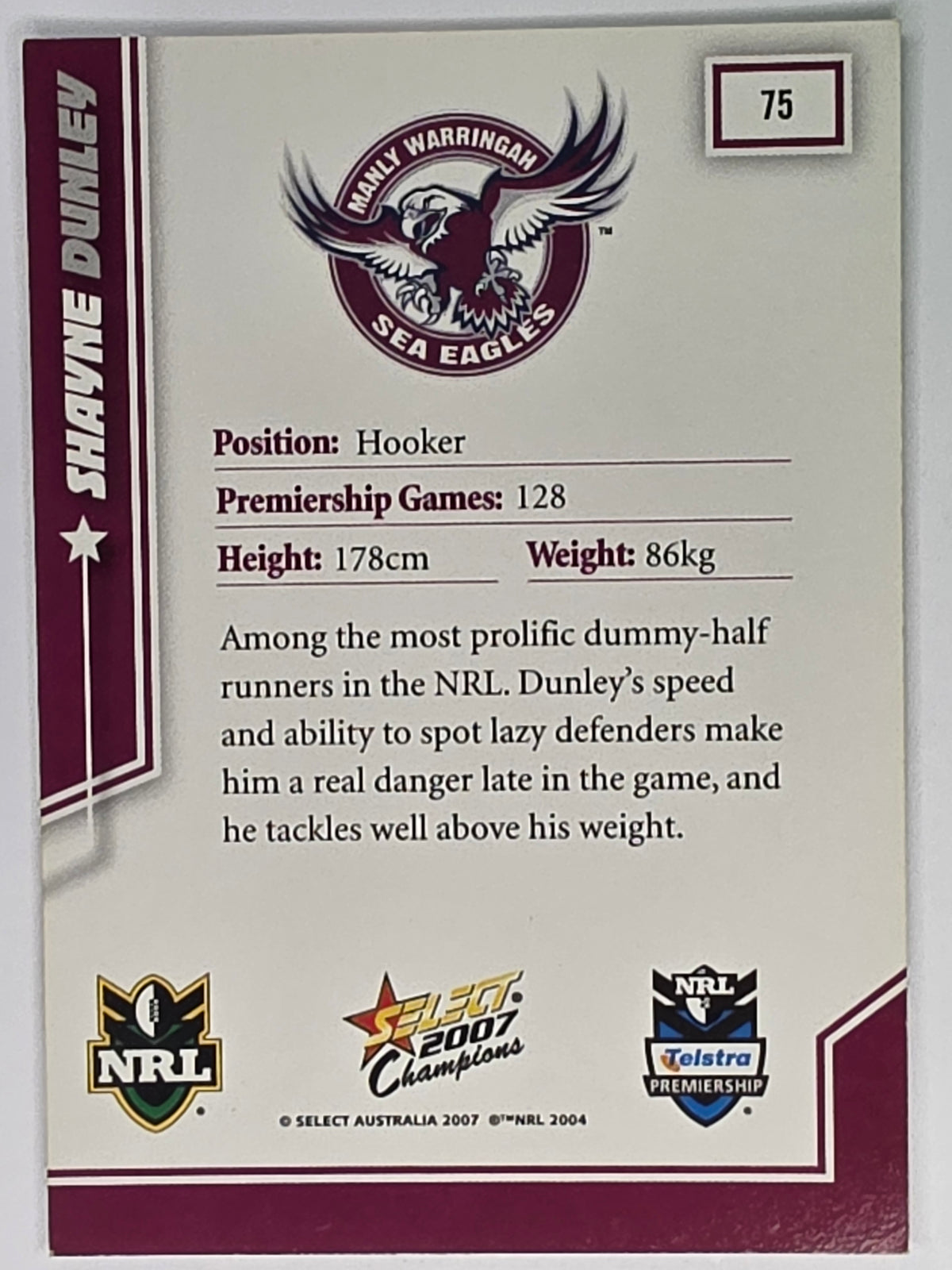 NRL 2007 Champions Base Card #75 Shayne Dunley Manly Warringah Sea Eagles