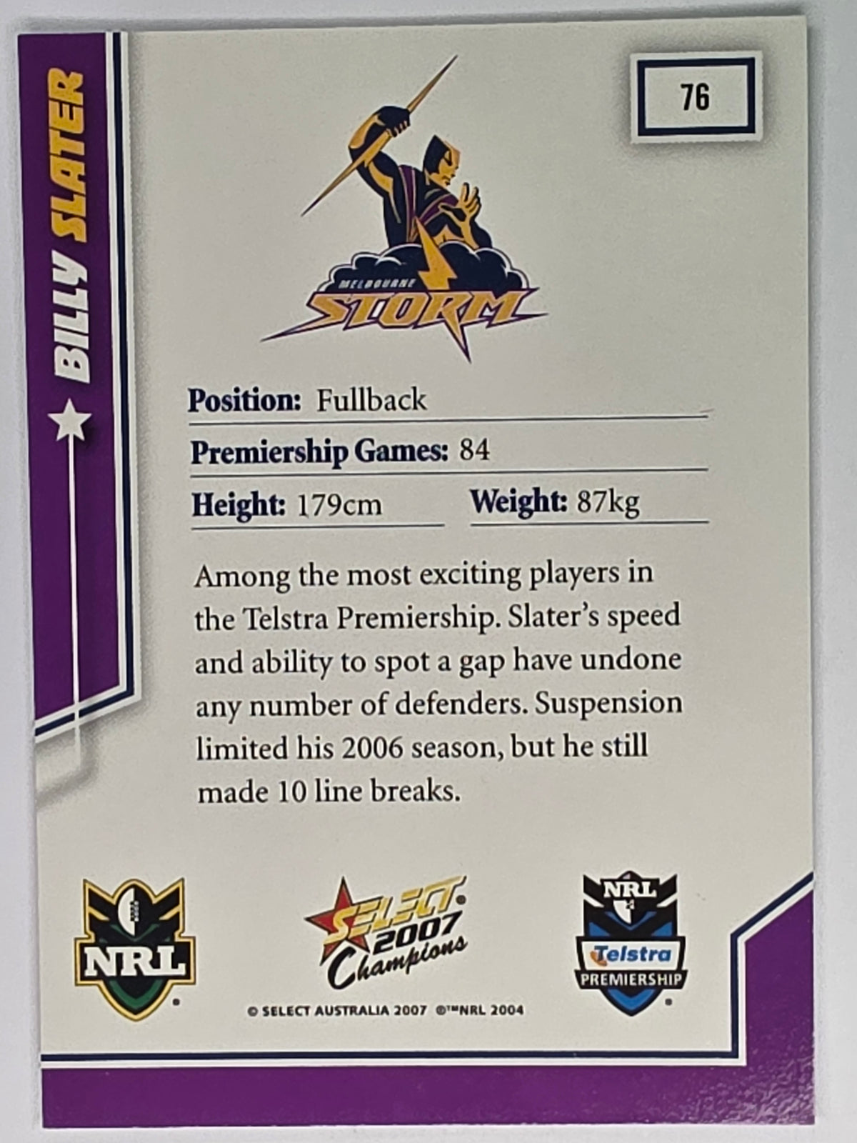 NRL 2007 Champions Base Card #76 Billy Slater Melbourne Storm