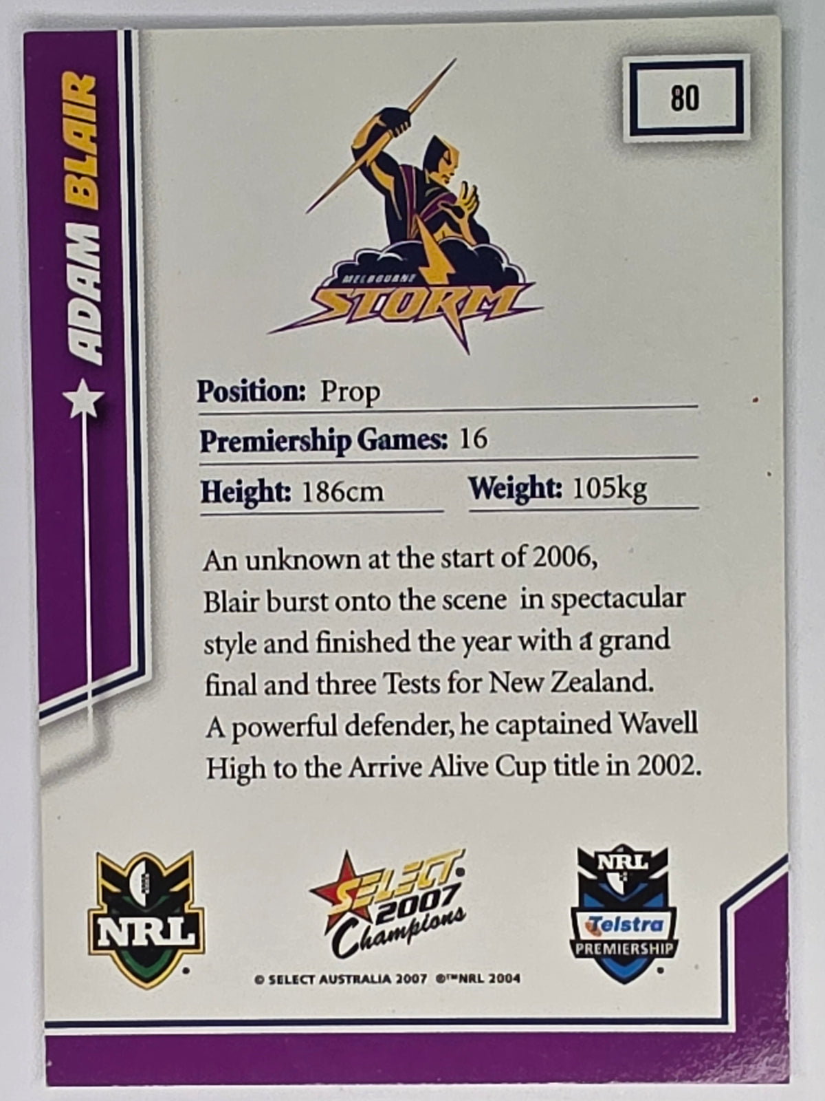 NRL 2007 Champions Base Card #80 Adam Blair Melbourne Storm