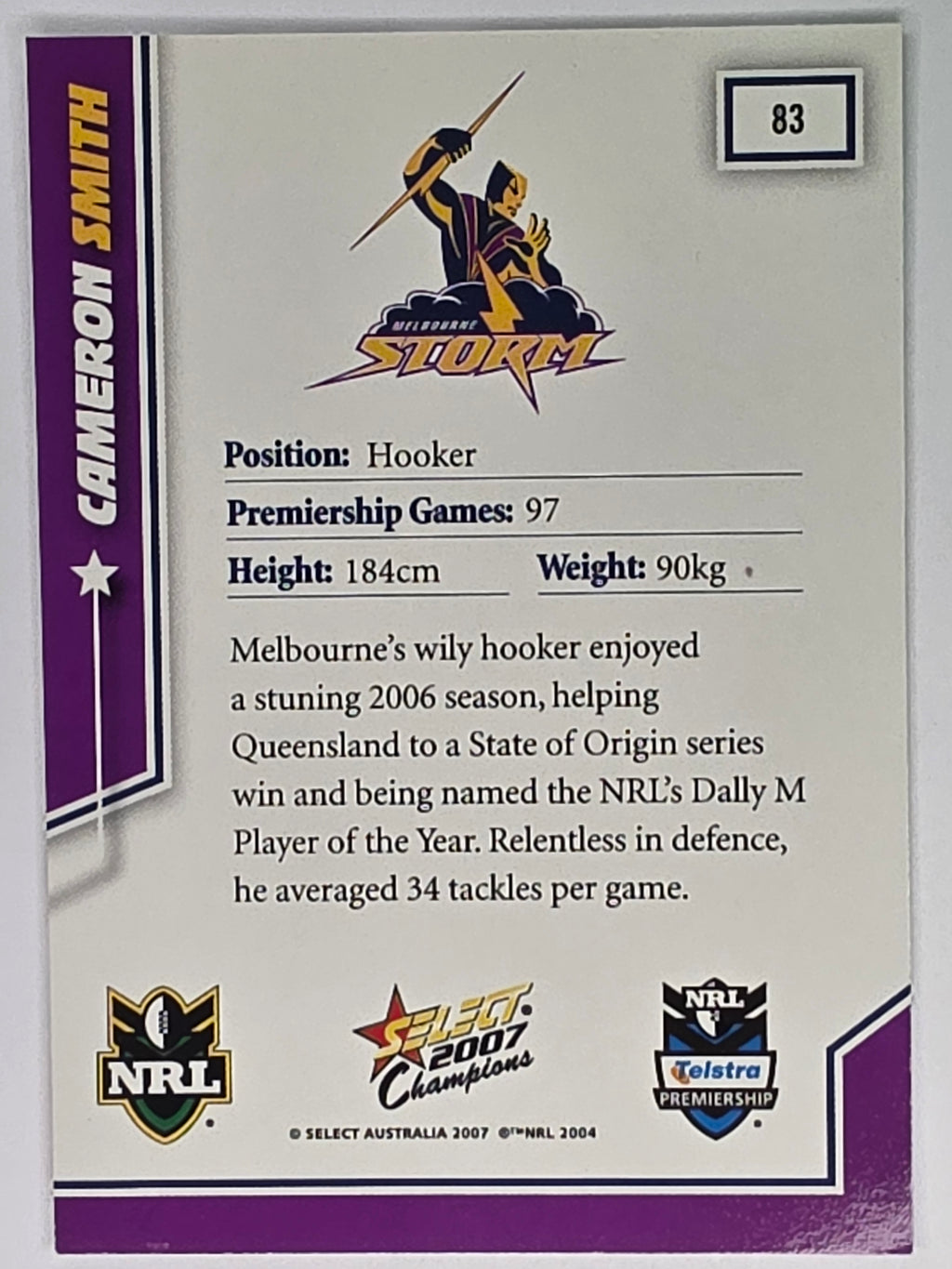 NRL 2007 Champions Base Card #83 Cameron Smith Melbourne Storm