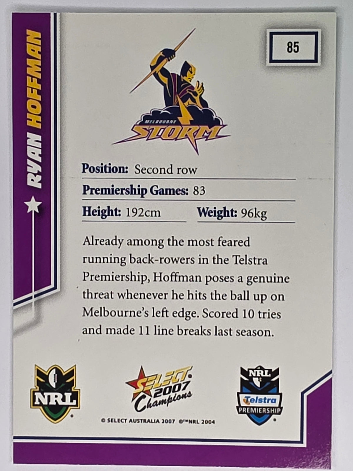 NRL 2007 Champions Base Card #85 Ryan Hoffman Melbourne Storm