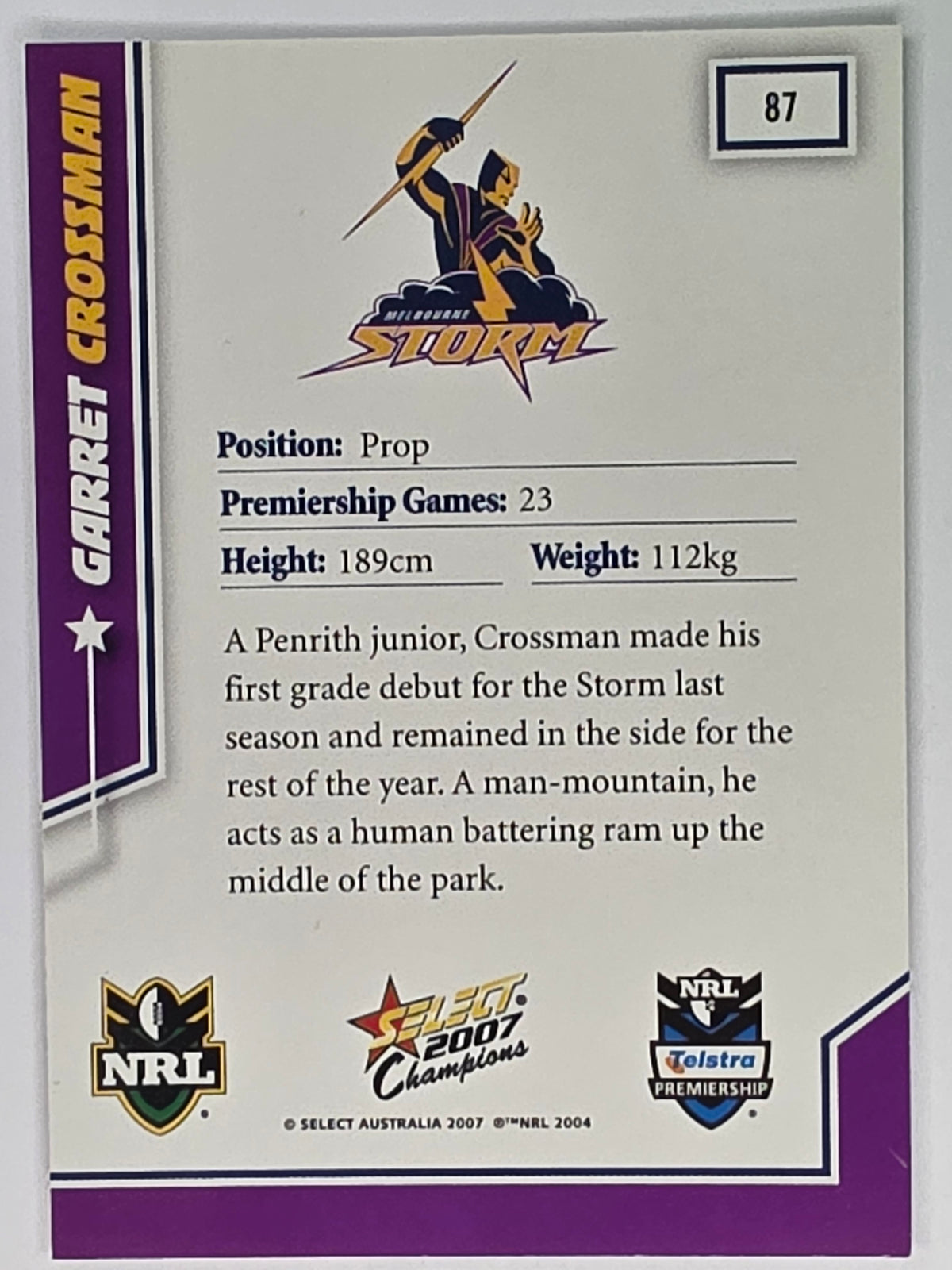 NRL 2007 Champions Base Card #87 Garret Crossman Melbourne Storm