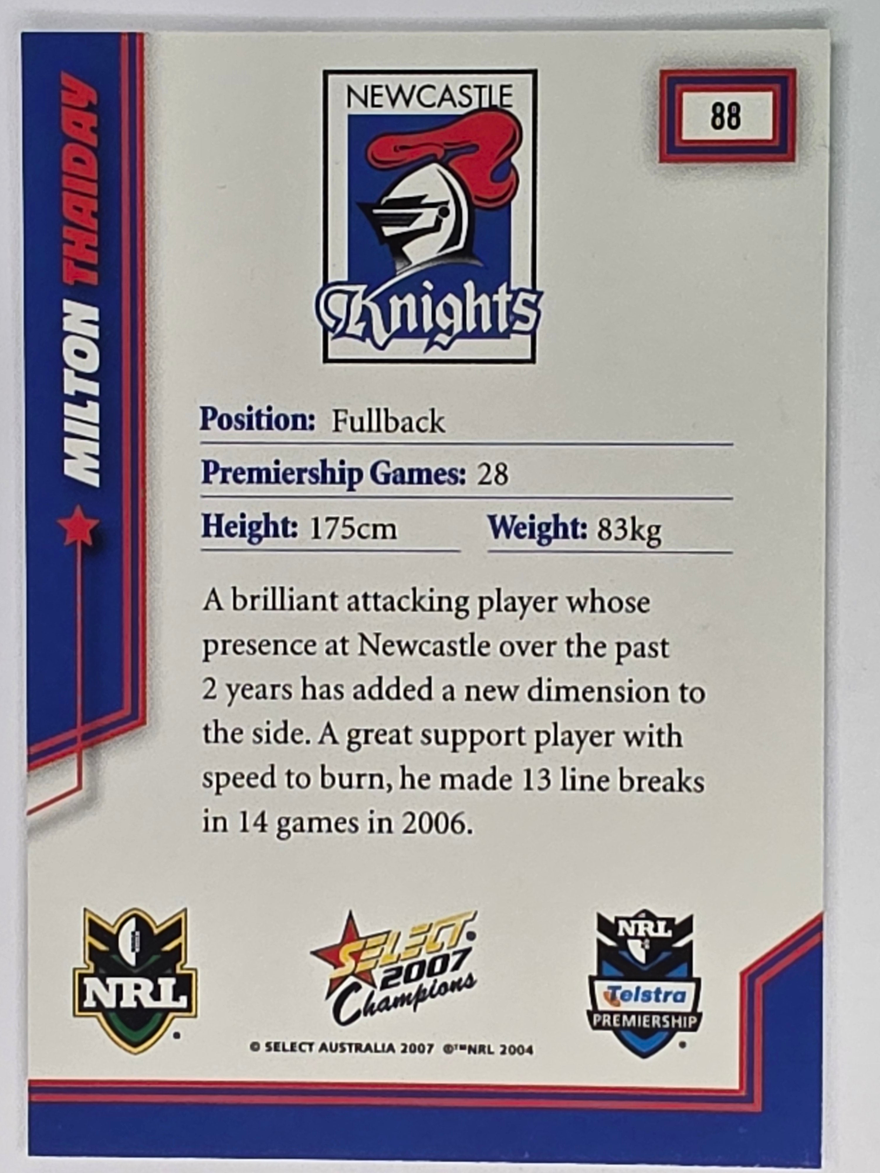 NRL 2007 Champions Base Card #88 Milton Thaiday Newcastle Knights