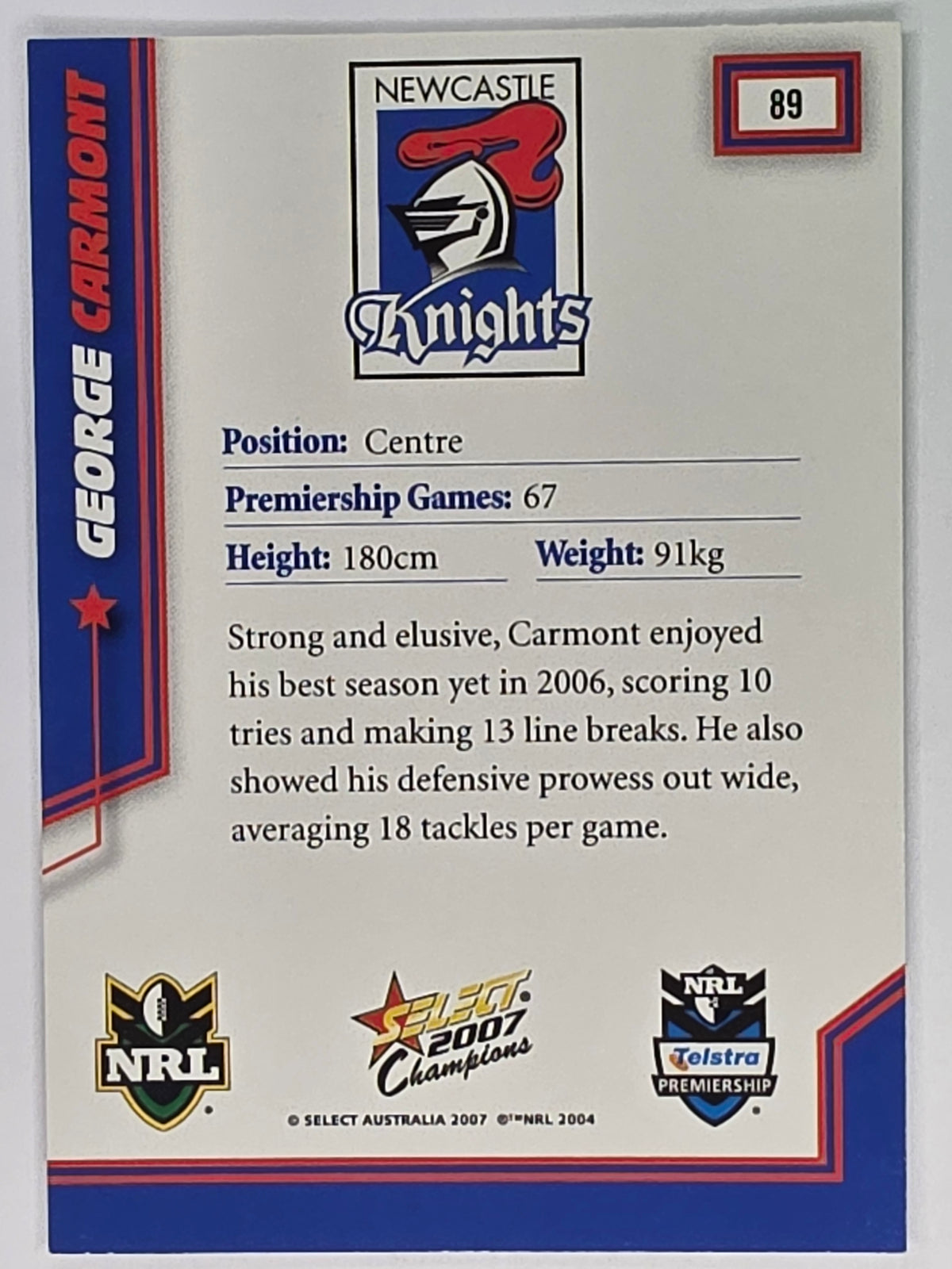 NRL 2007 Champions Base Card #89 George Carmont Newcastle Knights