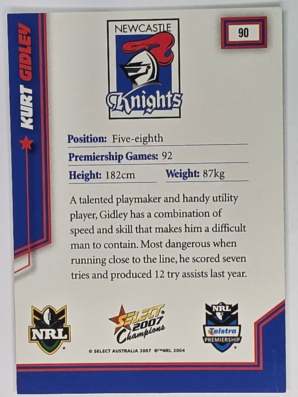 NRL 2007 Champions Base Card #90 Kurt Gidley Newcastle Knights