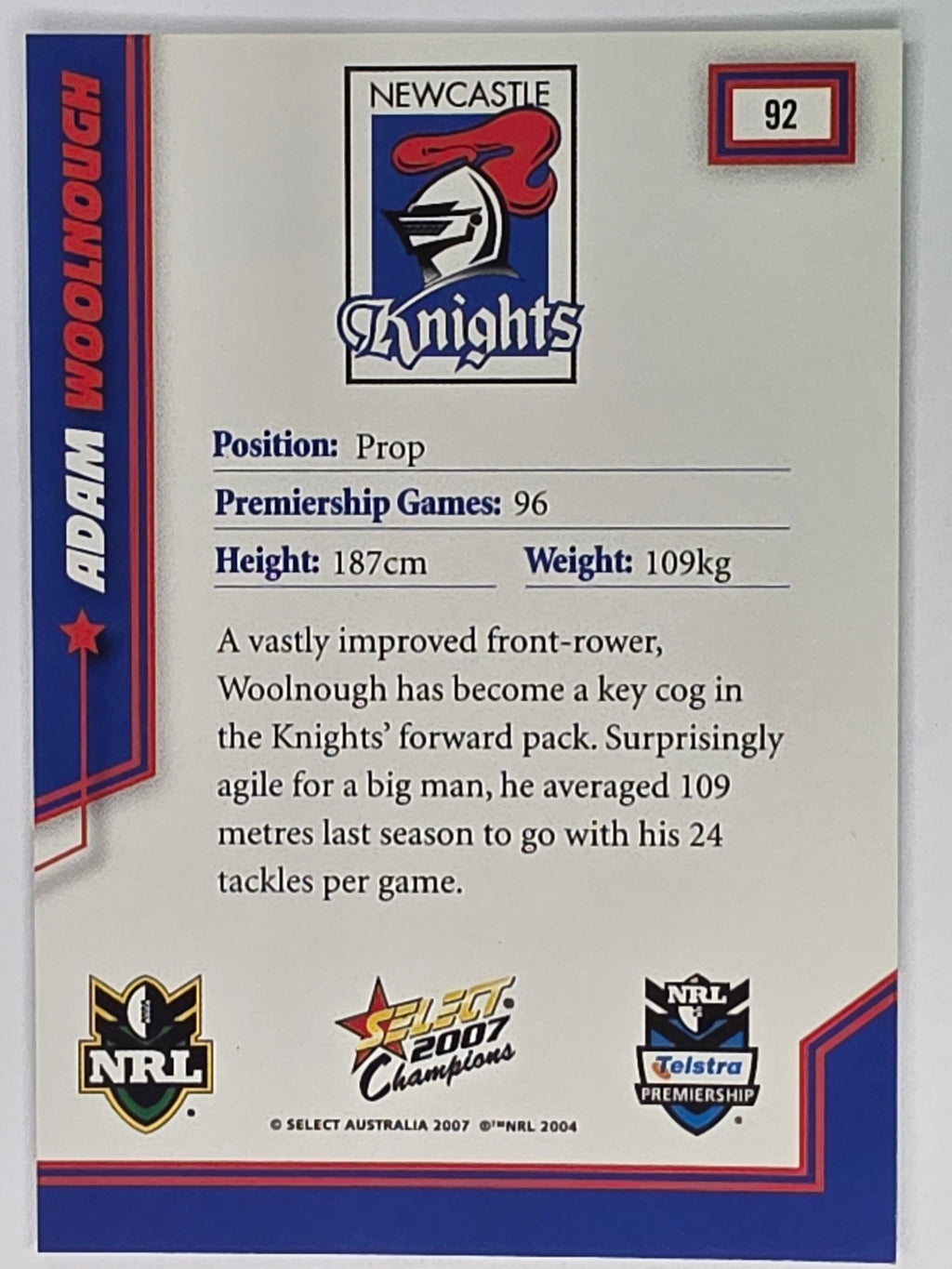 NRL 2007 Champions Base Card #92 Adam Woolnough Newcastle Knights