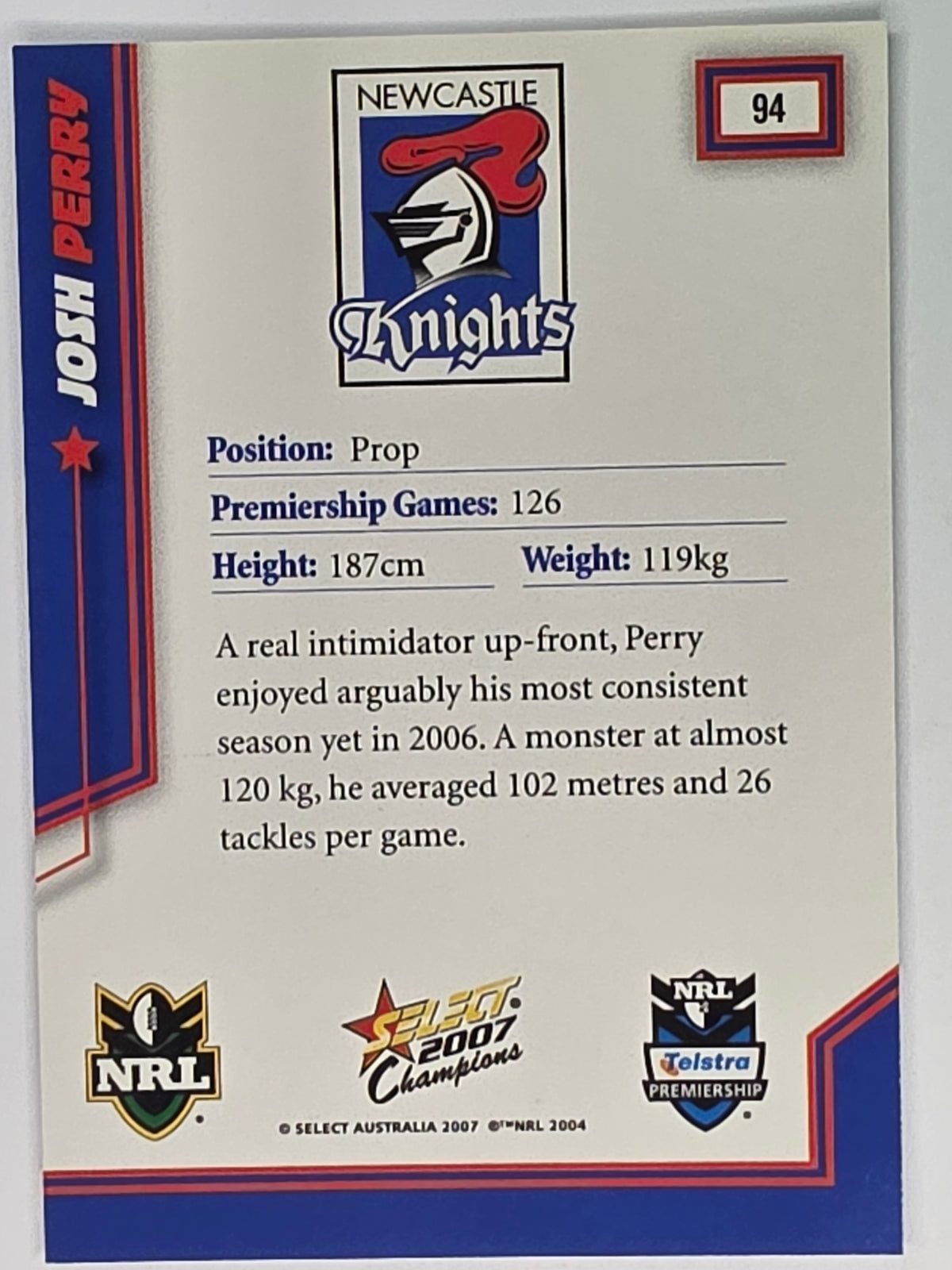 NRL 2007 Champions Base Card #94 Josh Perry Newcastle Knights
