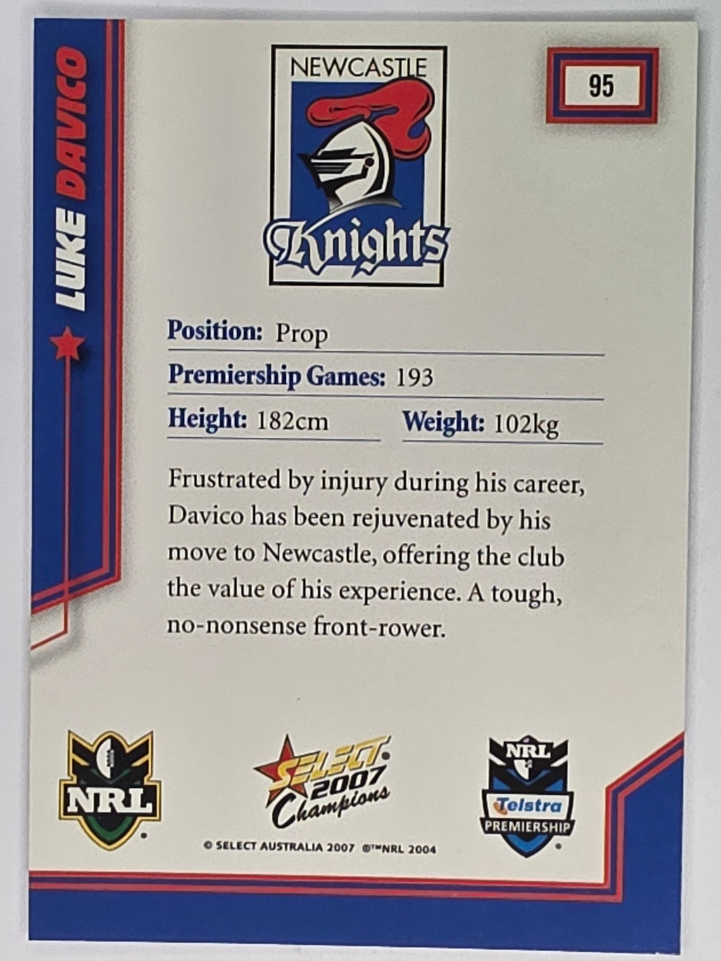 NRL 2007 Champions Base Card #95 Luke Davico Newcastle Knights
