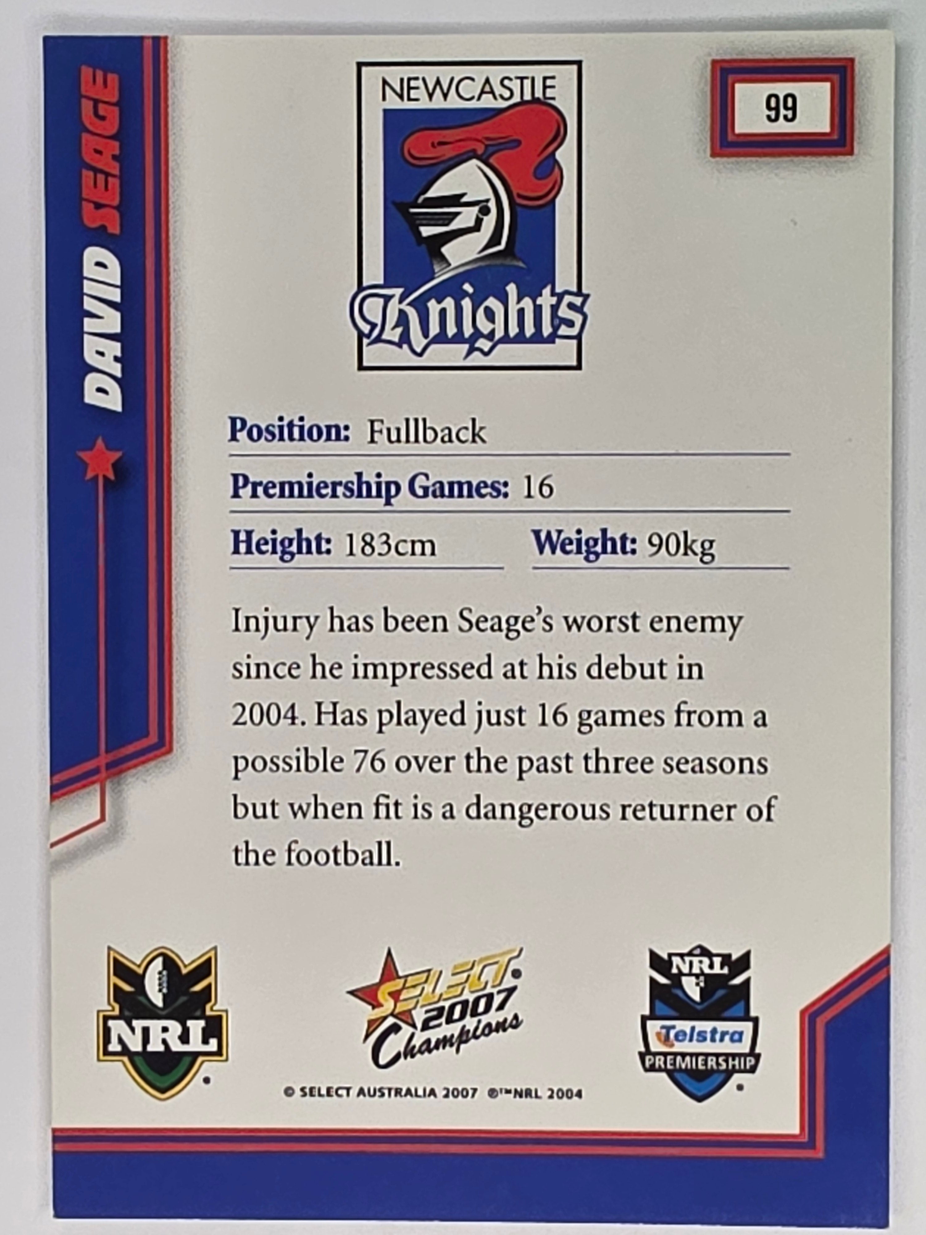NRL 2007 Champions Base Card #99 David Seage Newcastle Knights
