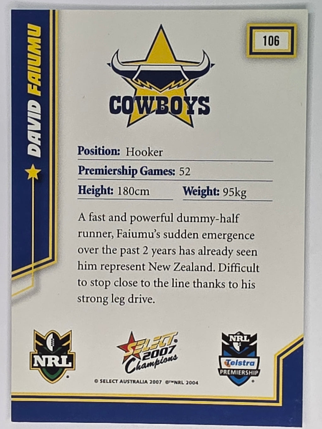 NRL 2007 Champions Base Card #106 David Faiumu North Queensland Cowboys