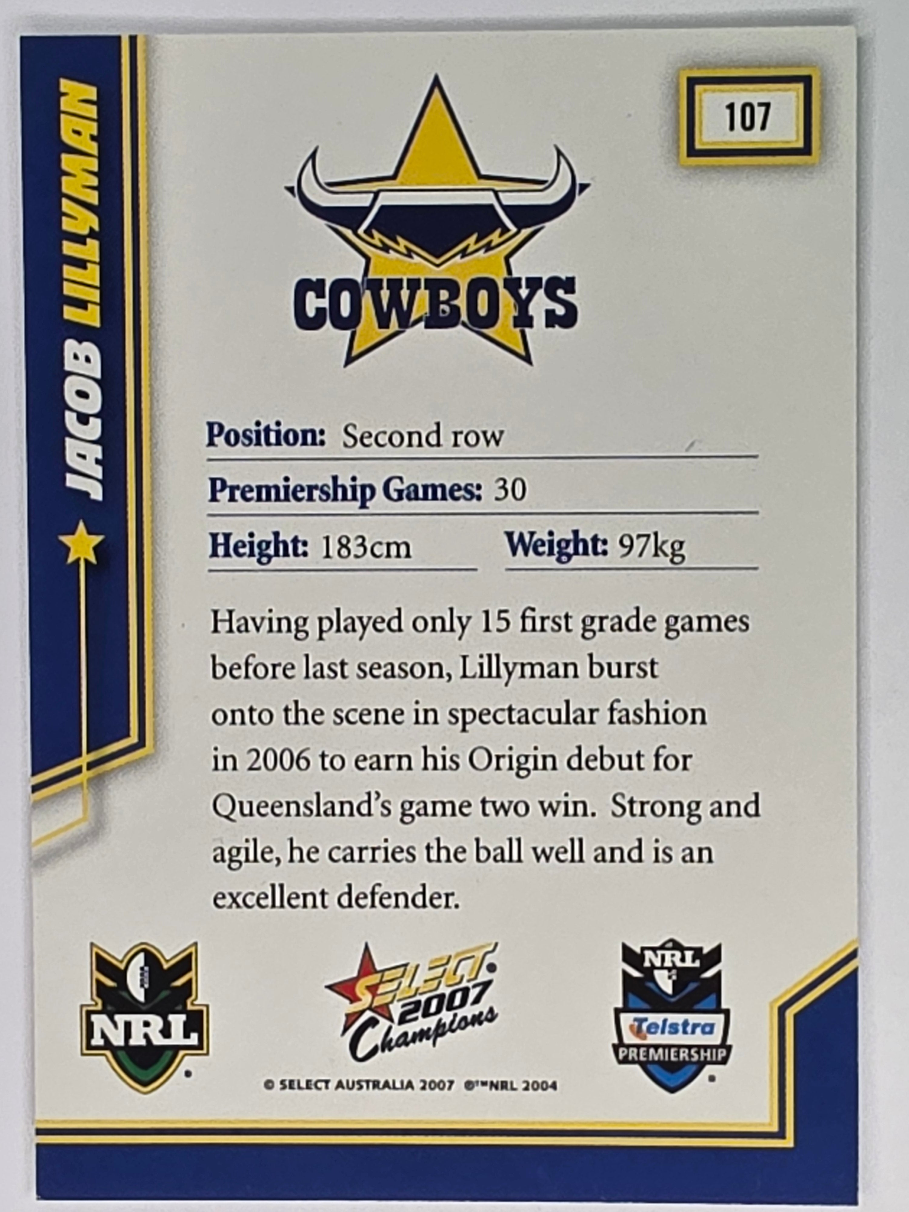 NRL 2007 Champions Base Card #107 Jacob Lillyman North Queensland Cowboys
