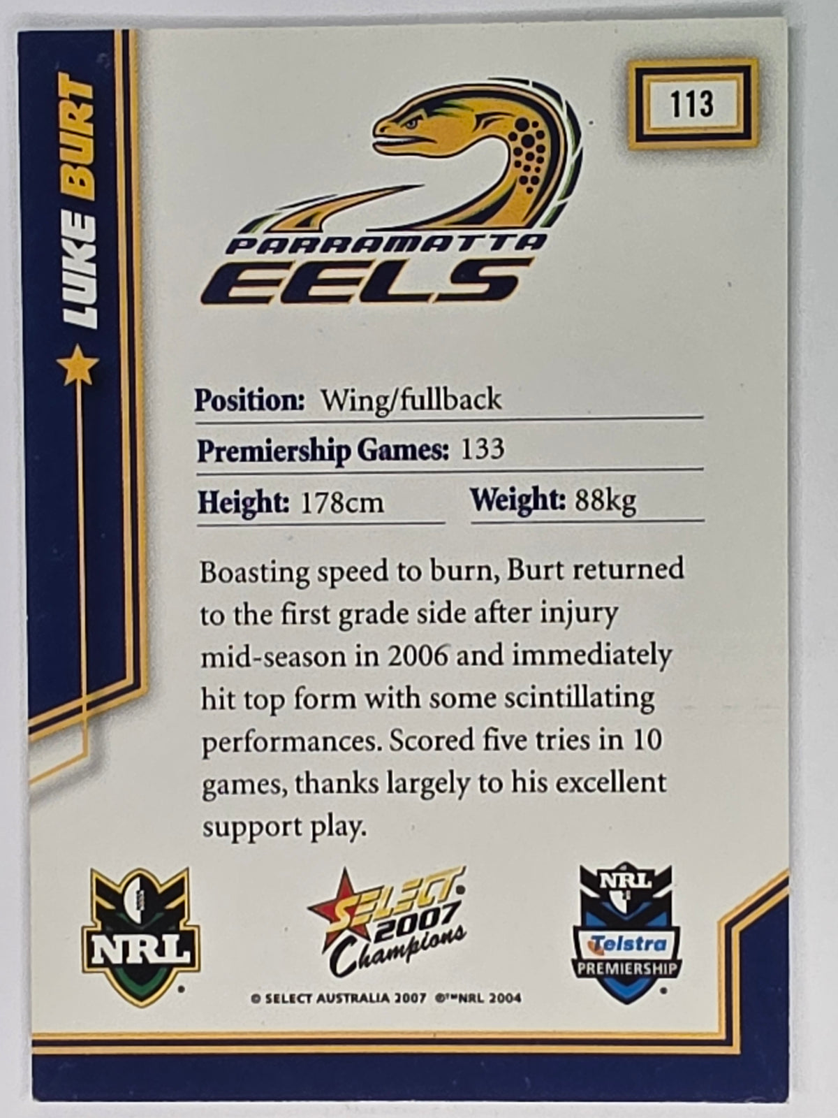 NRL 2007 Champions Base Card #113 Luke Burt Parramatta Eels