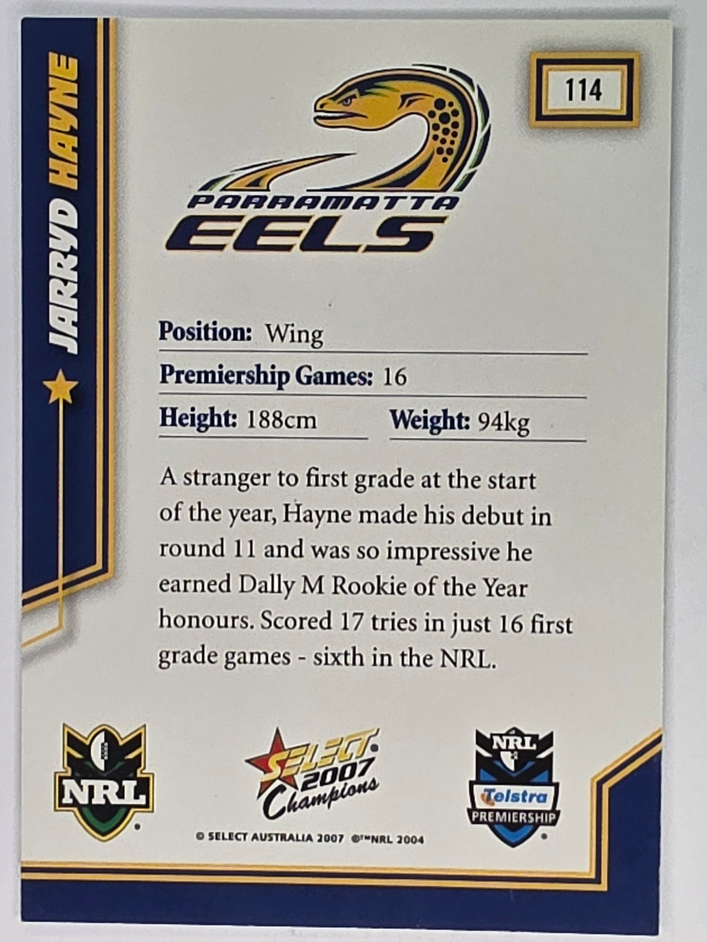 NRL 2007 Champions Base Card #114 Jarryd Hayne Parramatta Eels