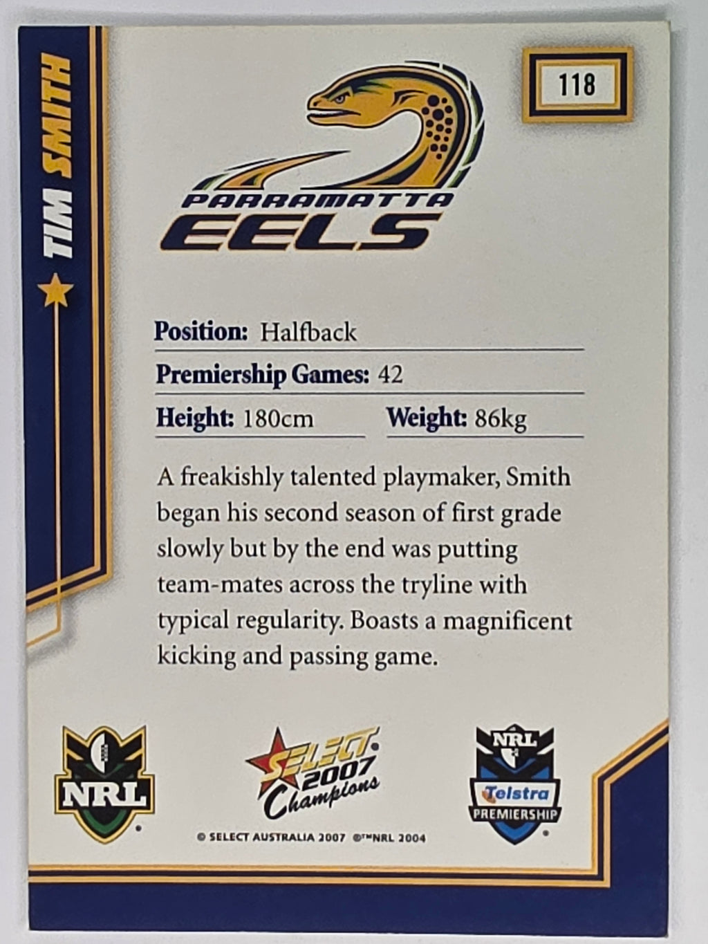 NRL 2007 Champions Base Card #118 Tim Smith Parramatta Eels