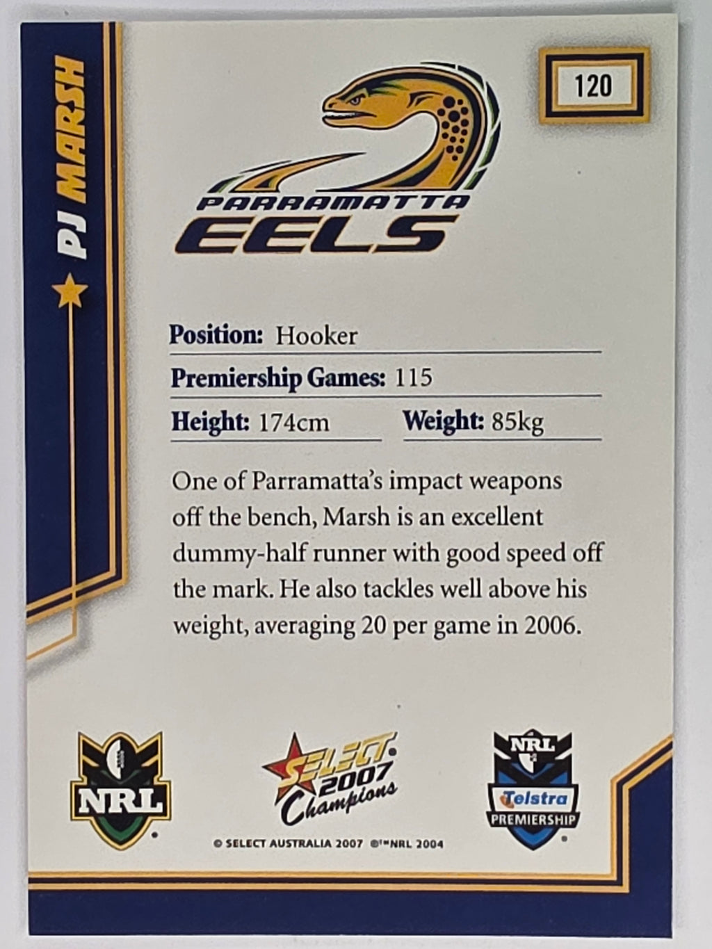 NRL 2007 Champions Base Card #120 PJ Marsh Parramatta Eels