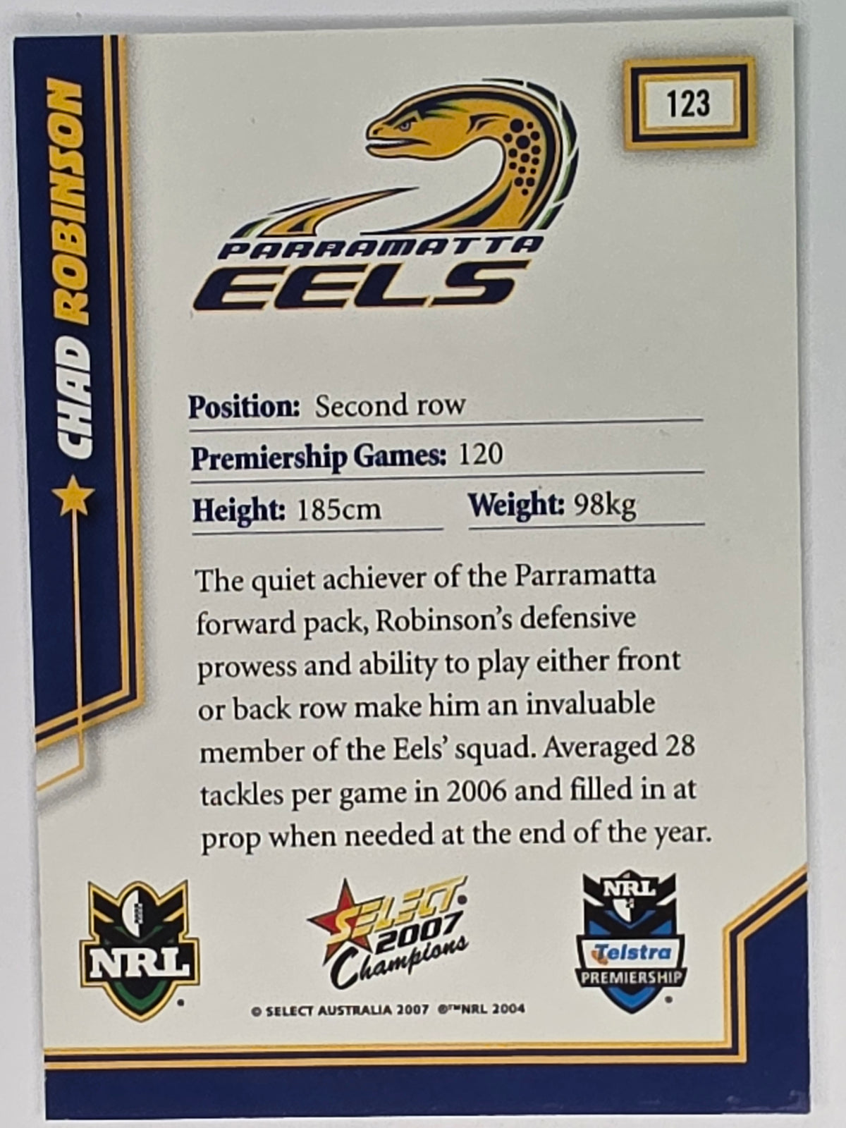 NRL 2007 Champions Base Card #123 Chad Robinson Parramatta Eels