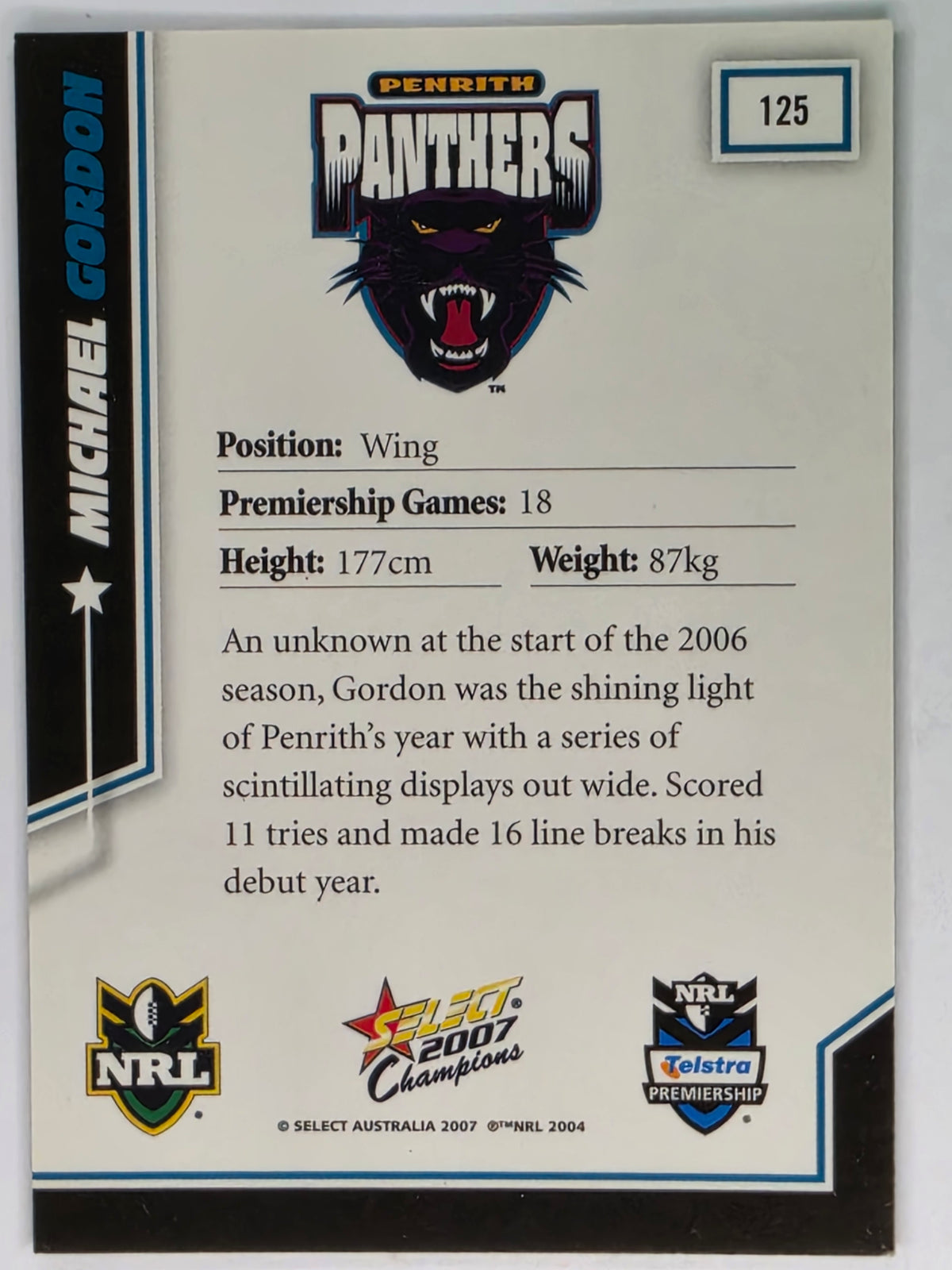 NRL 2007 Champions Base Card #125 Michael Gordon Penrith Panthers